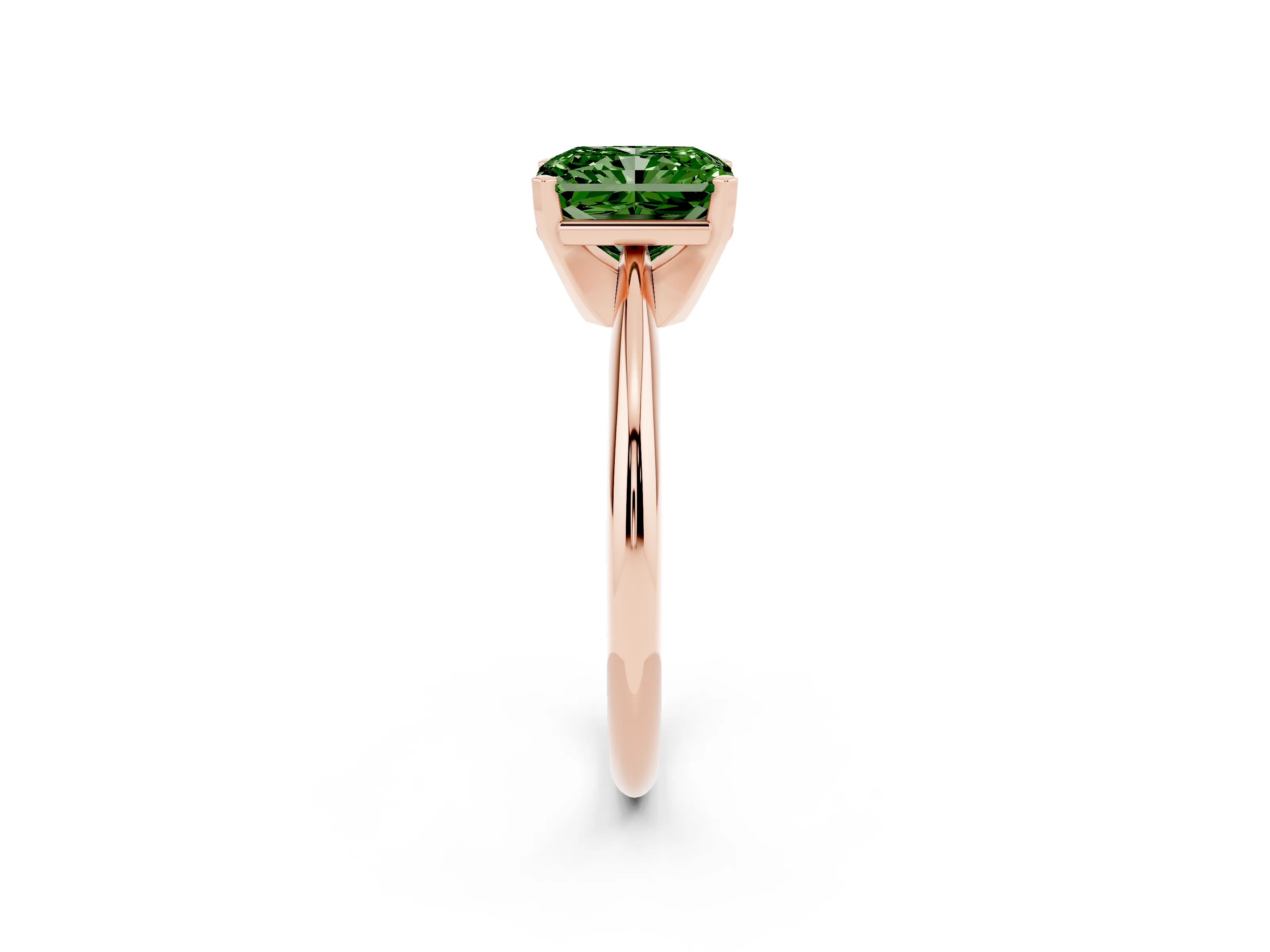 Fancy Green Radiant Cut Diamond Solitaire Ring Set in Rose gold with Prong Setting on a Plain Round Band
