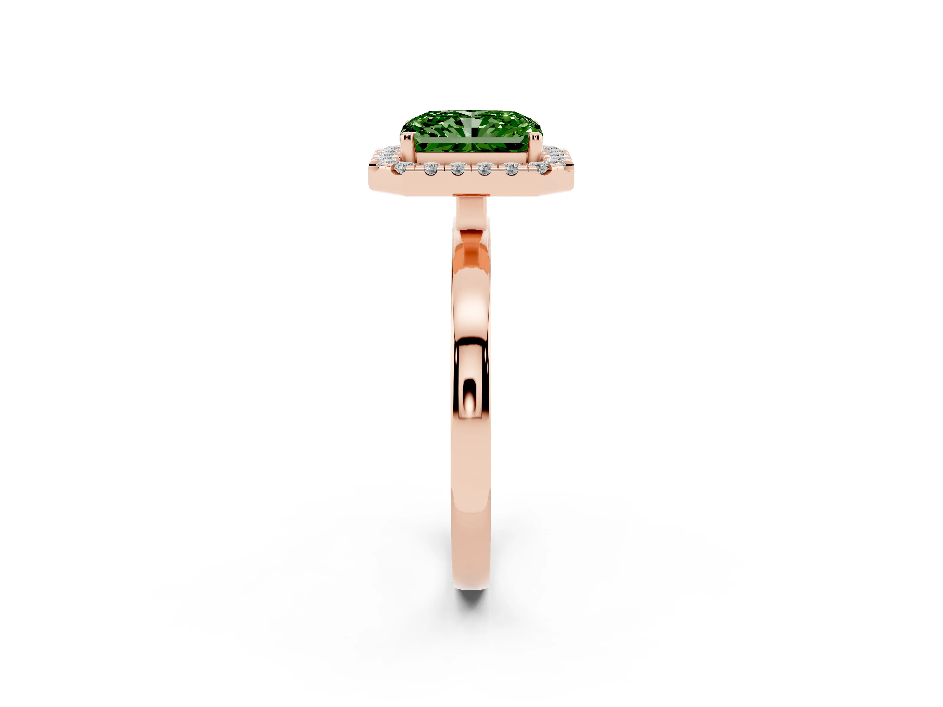 Fancy Green Radiant Cut Diamond Halo Solitaire Ring Set in Rose gold with Pavé Band and Prong Setting