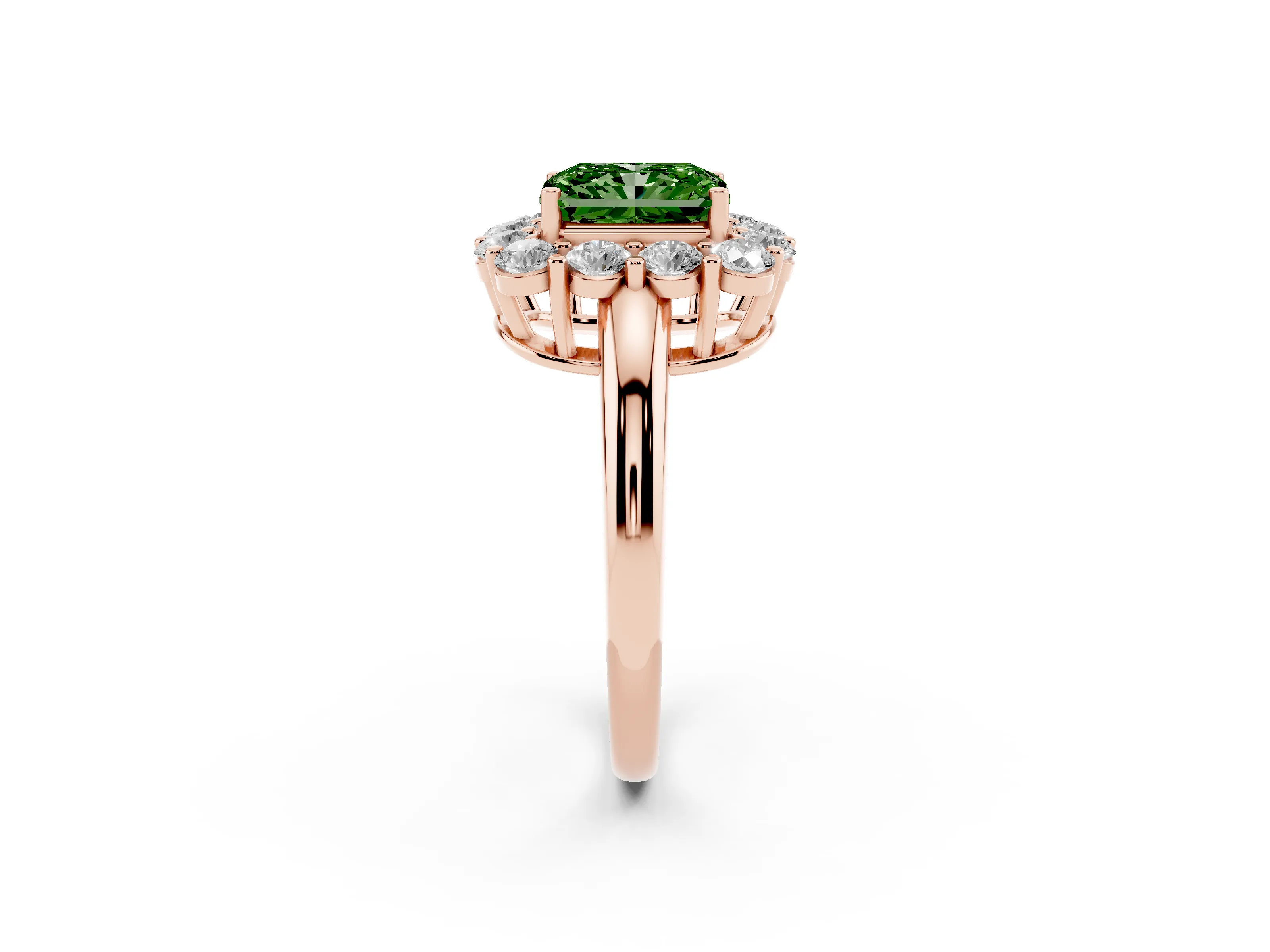 Fancy Green Radiant Cut Diamond Halo Cluster Engagement Ring Set in Rose gold with Polished Band and Prong Setting