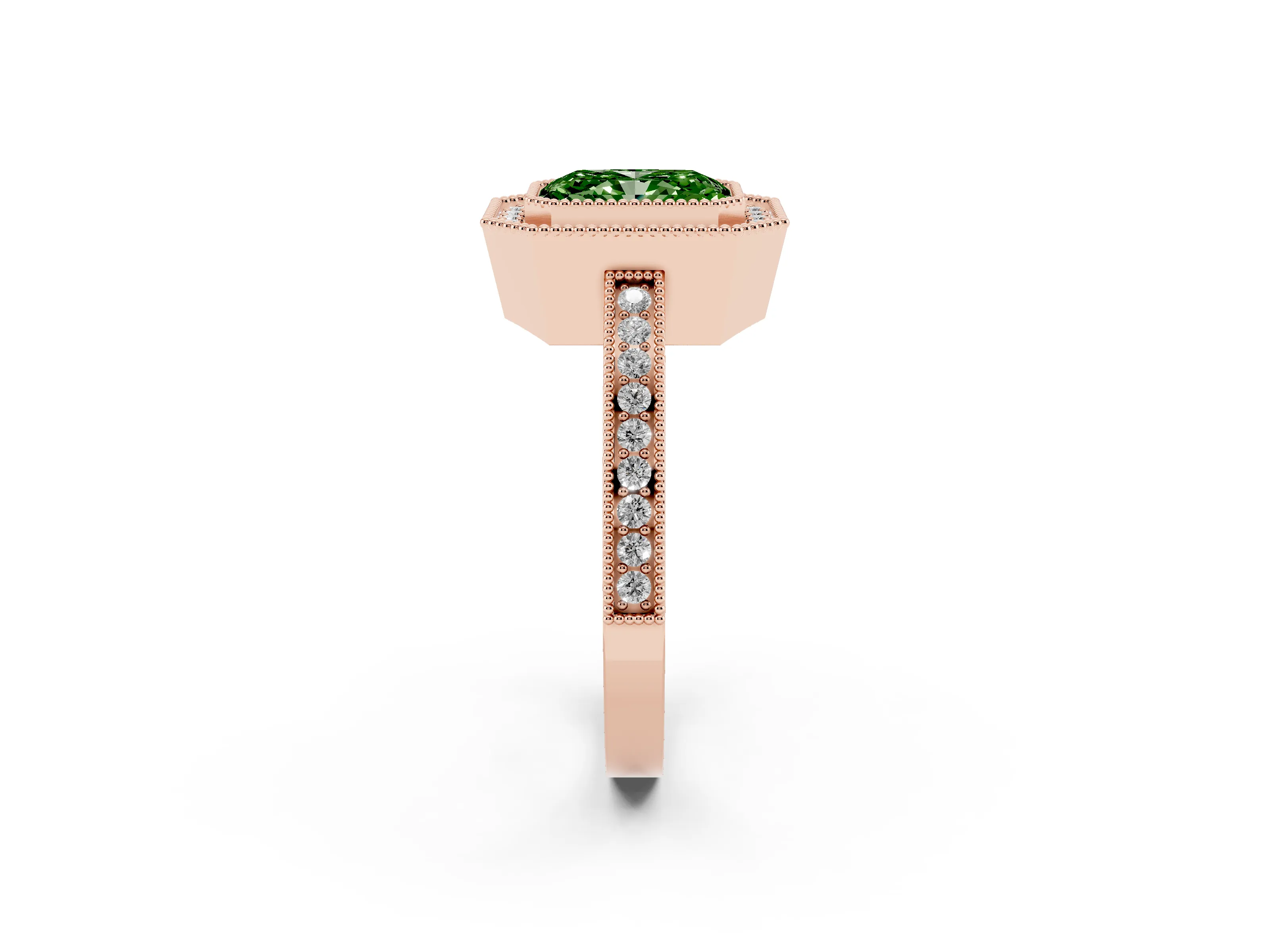 Fancy Green Radiant Cut Diamond Halo Ring Set in Rose gold with Pavé Band and Milgrain-Edged Prongs