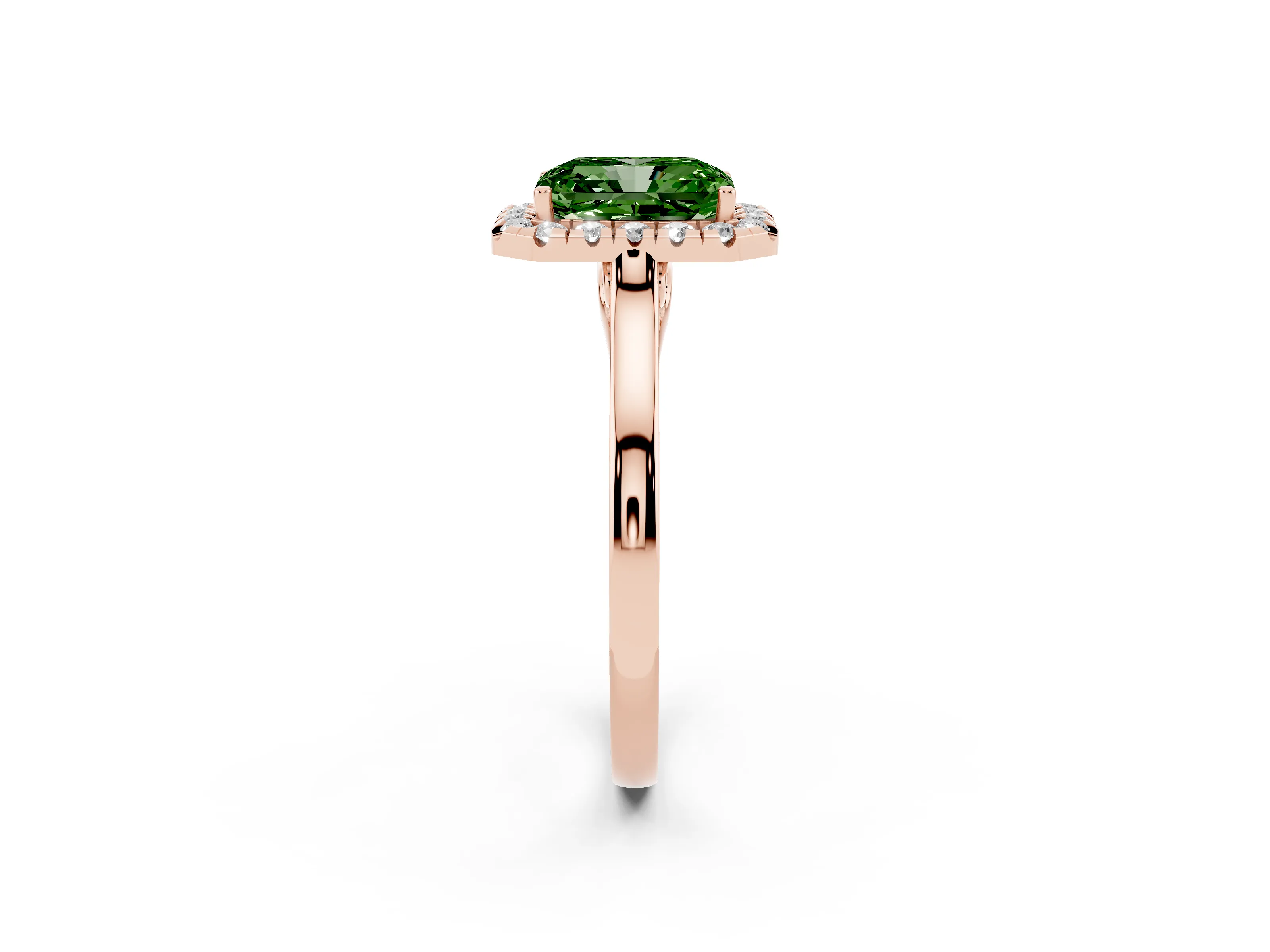 Fancy Green Radiant Cut Halo Round Diamond Solitaire Ring Set in Rose gold with Pavé Band and Prong Setting