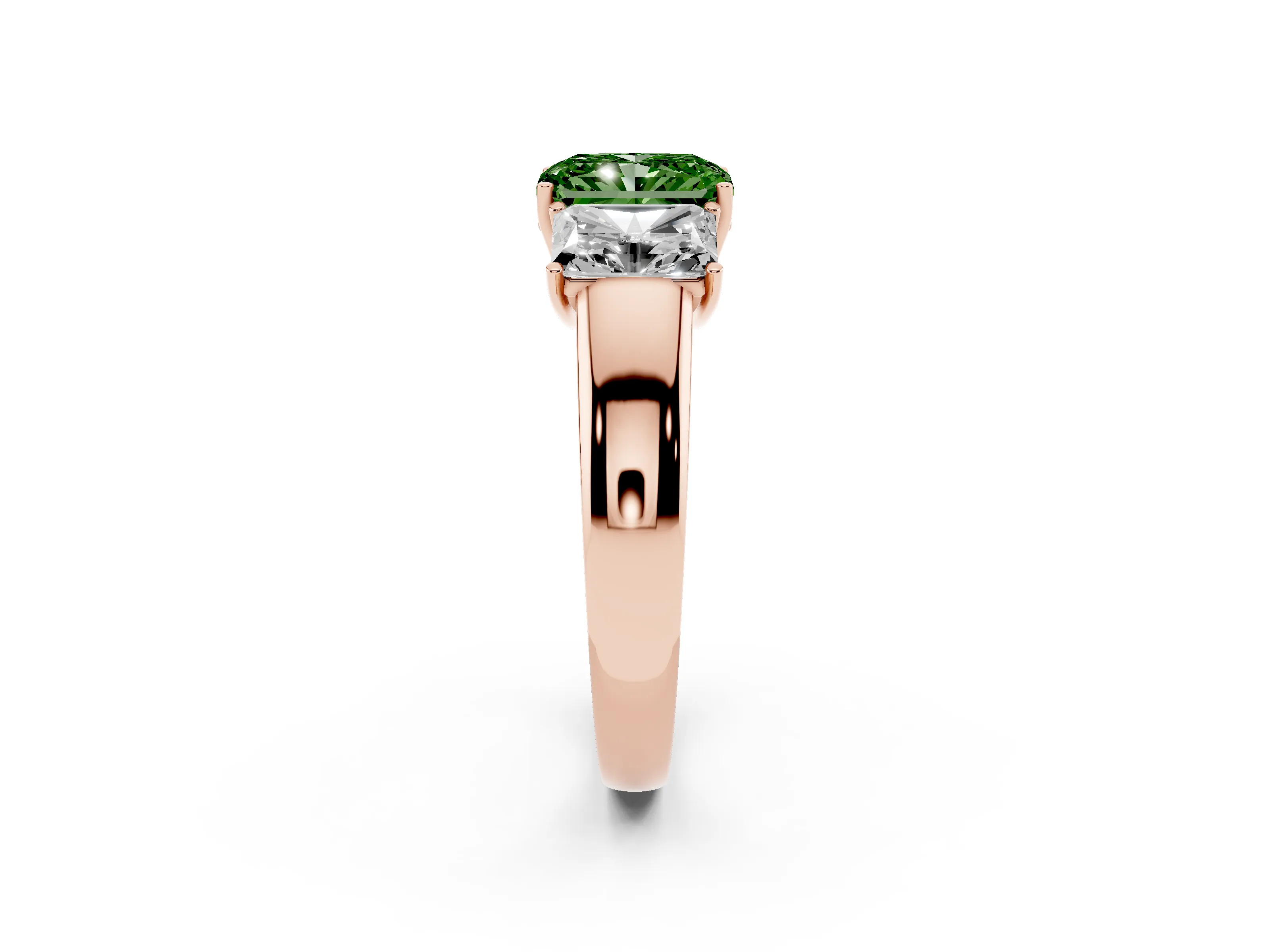 Fancy Green Three-Stone Radiant Cut Diamond Ring Set in Rose gold with Matching Prong Settings and Plain Band