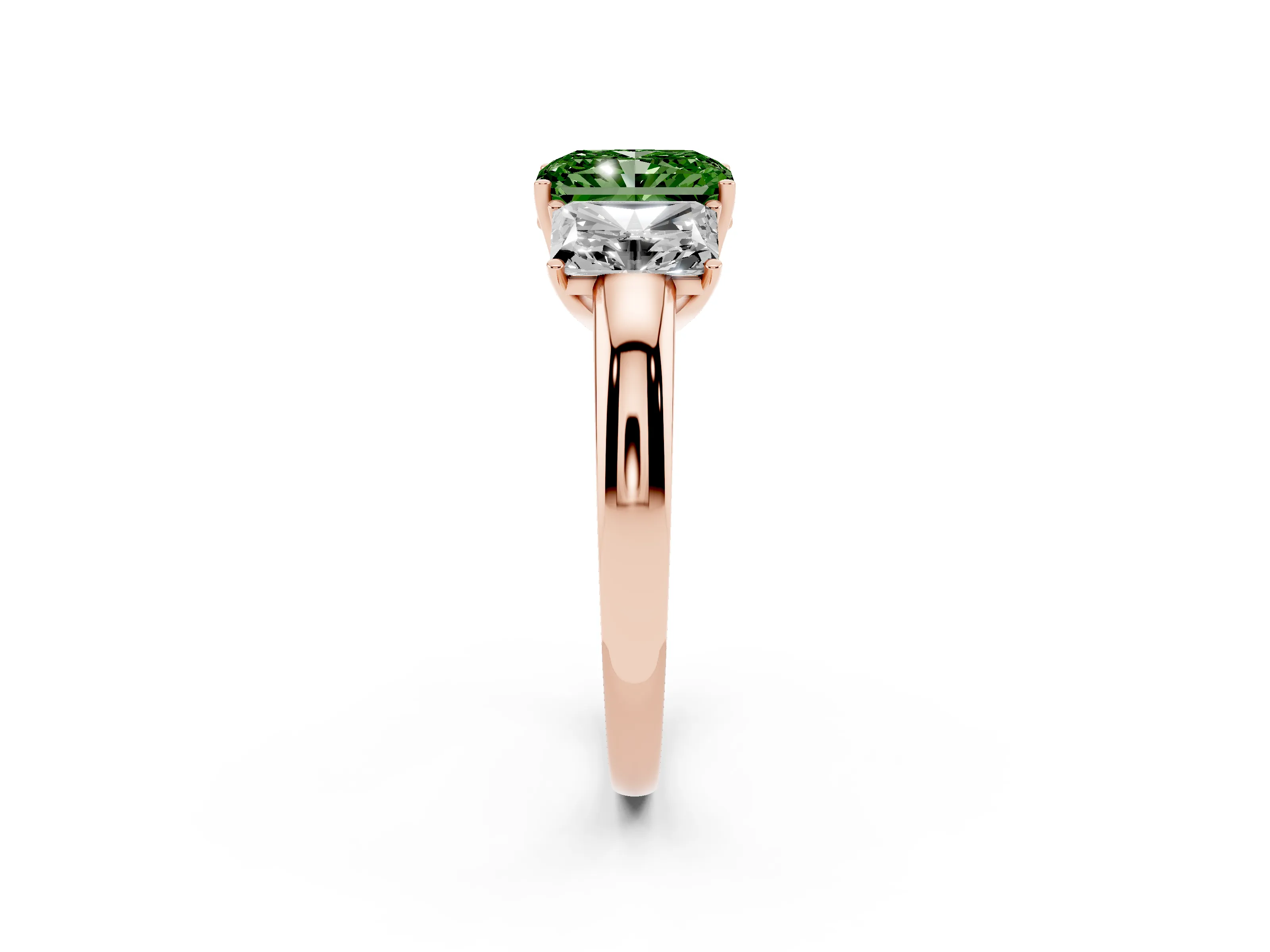 Fancy Green Radiant Cut Diamond Three-Stone Ring Set in Rose gold with Bold Center and Classic Band