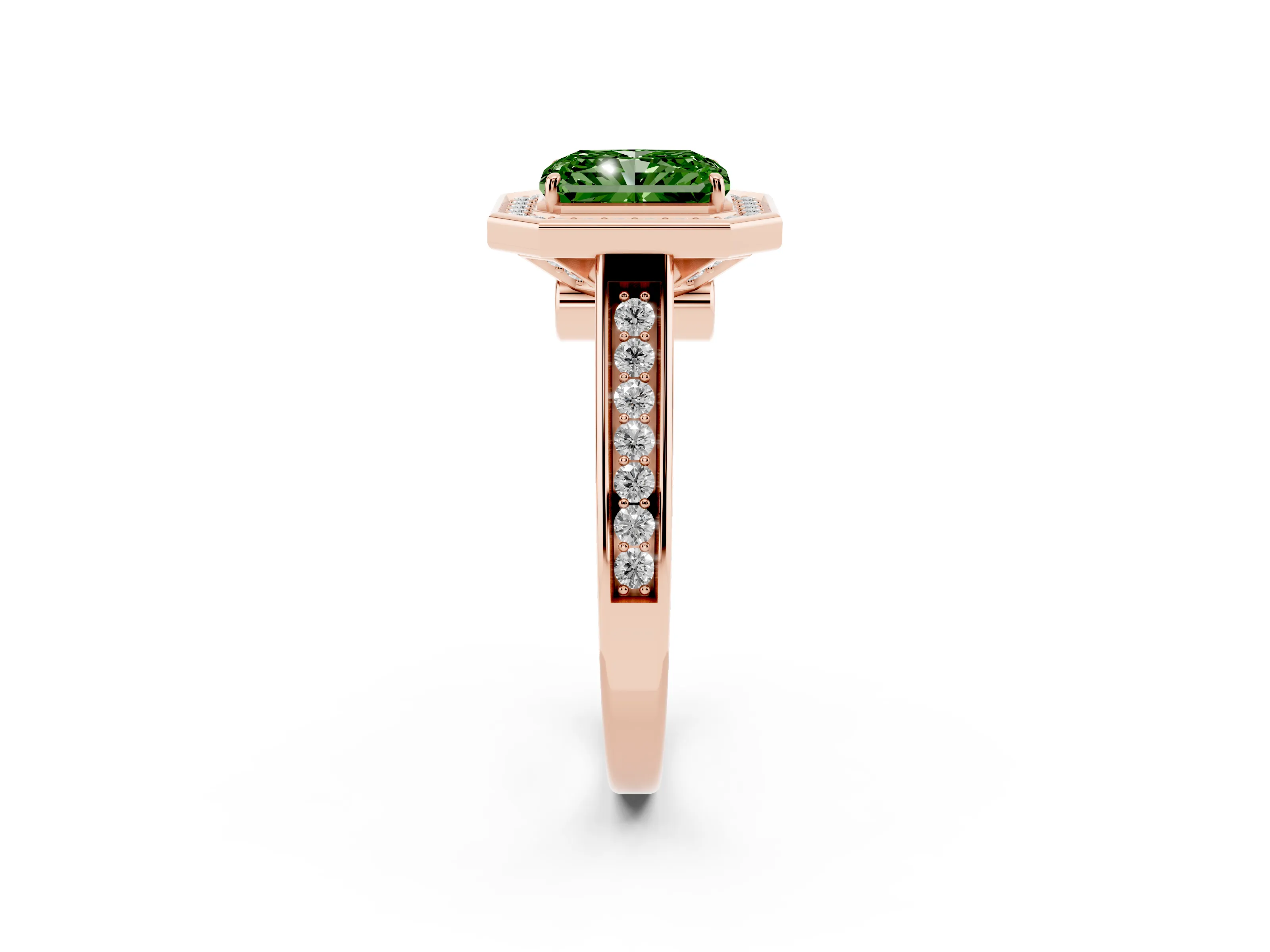 Fancy Green Radiant Cut Diamond Halo Solitaire Ring Set in Rose gold with Pavé Band and Bezel Setting