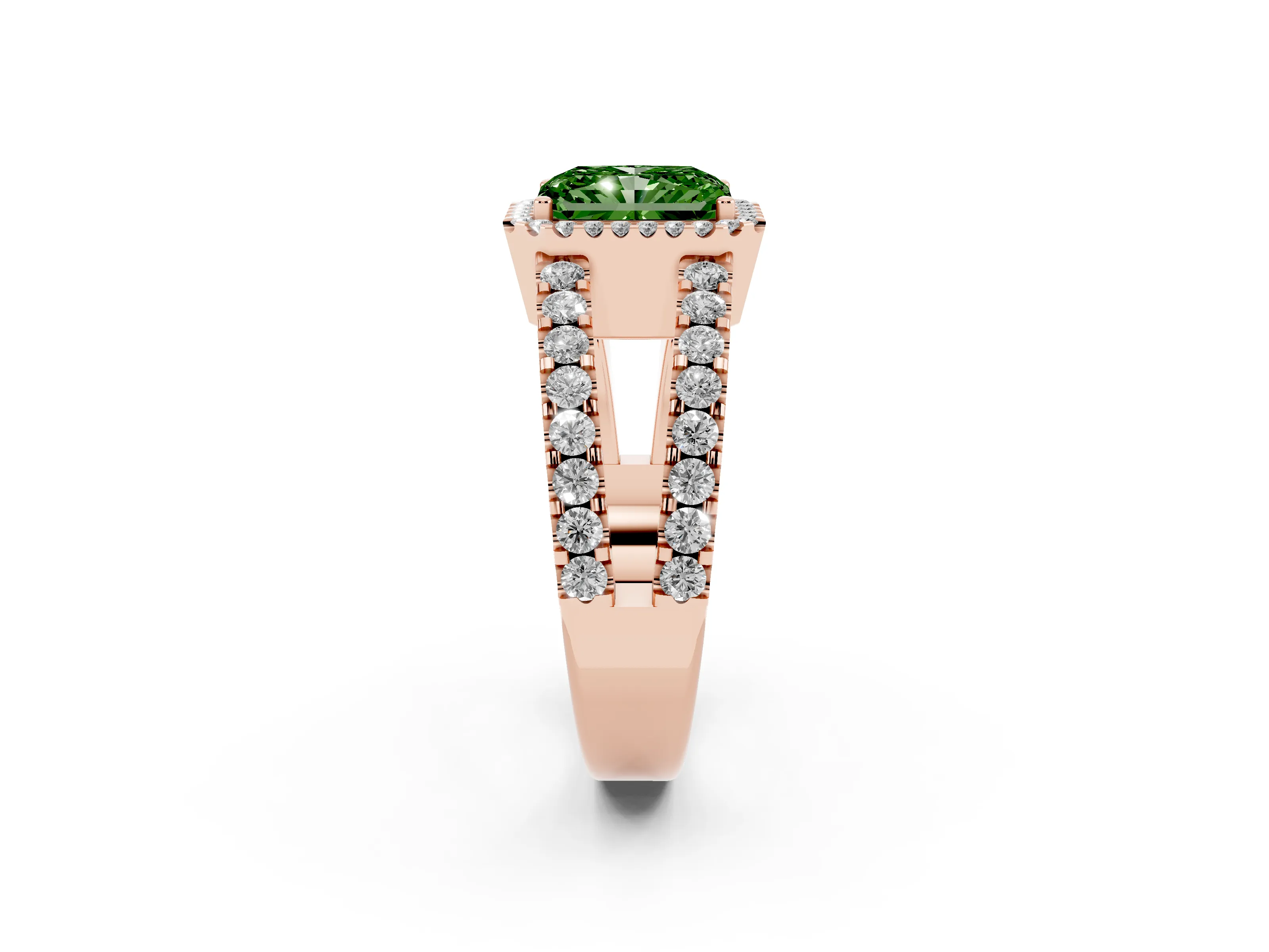 Fancy Green Radiant Cut Diamond Halo Ring Set in Rose gold with Pavé Split Shank and Prong Setting