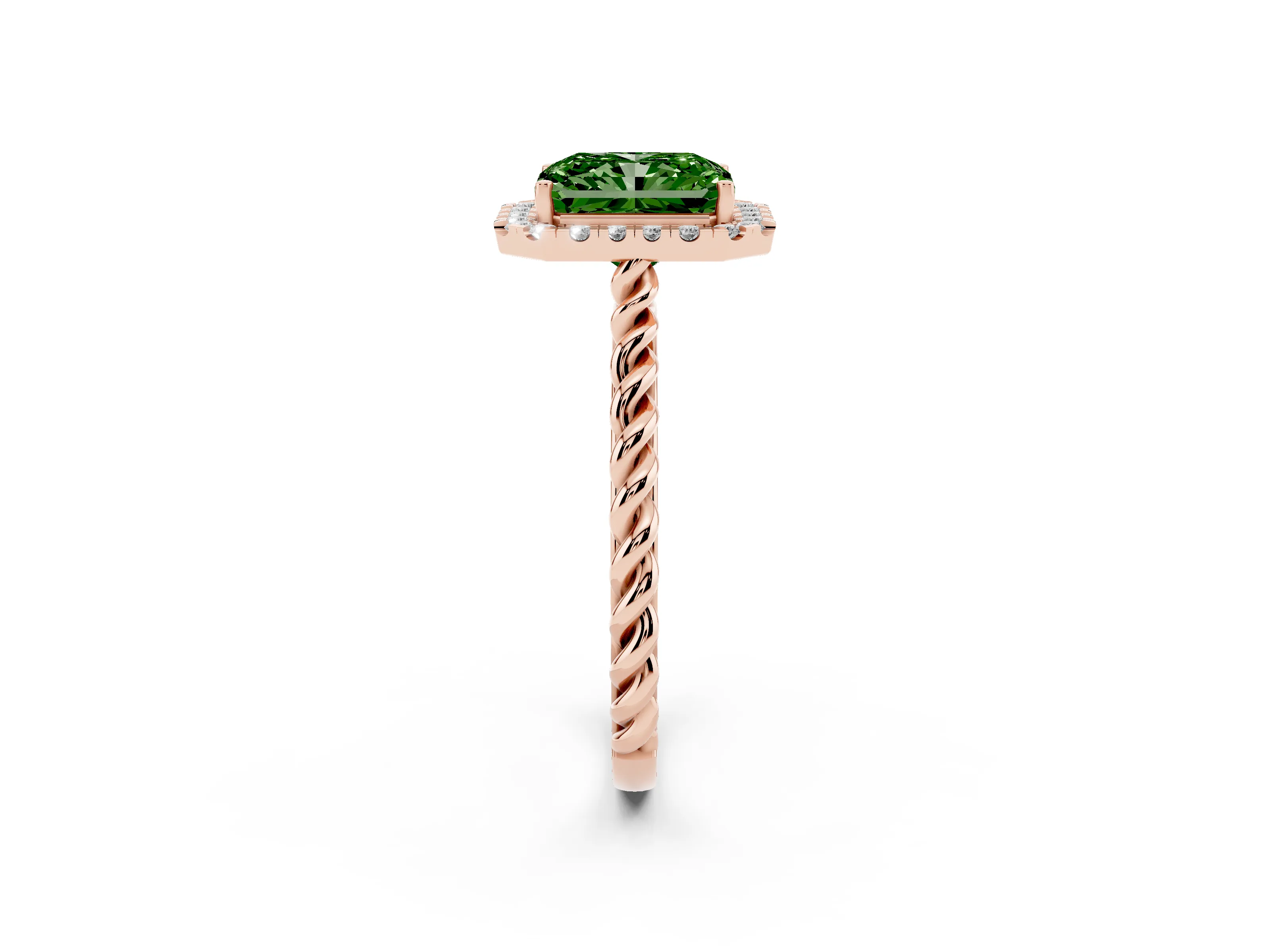 Fancy Green Radiant Cut Diamond Halo Ring Set in Rose gold with Plain Twisted Band