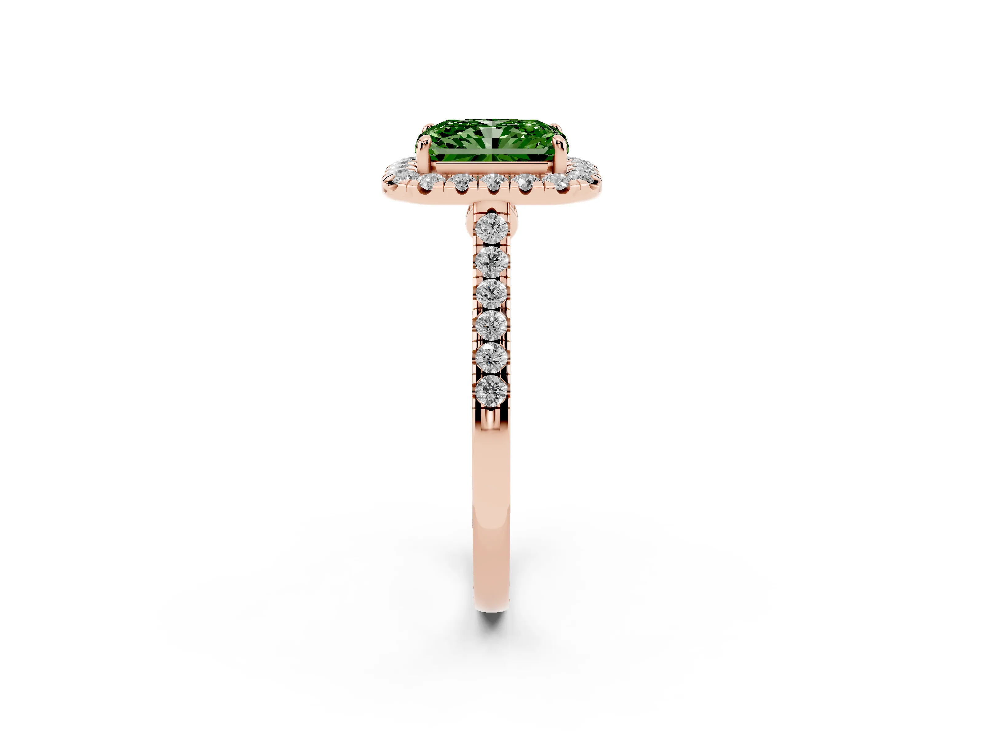 Fancy Green Radiant Cut Diamond Halo Pavé Engagement Ring Set in Rose gold with Prong Setting