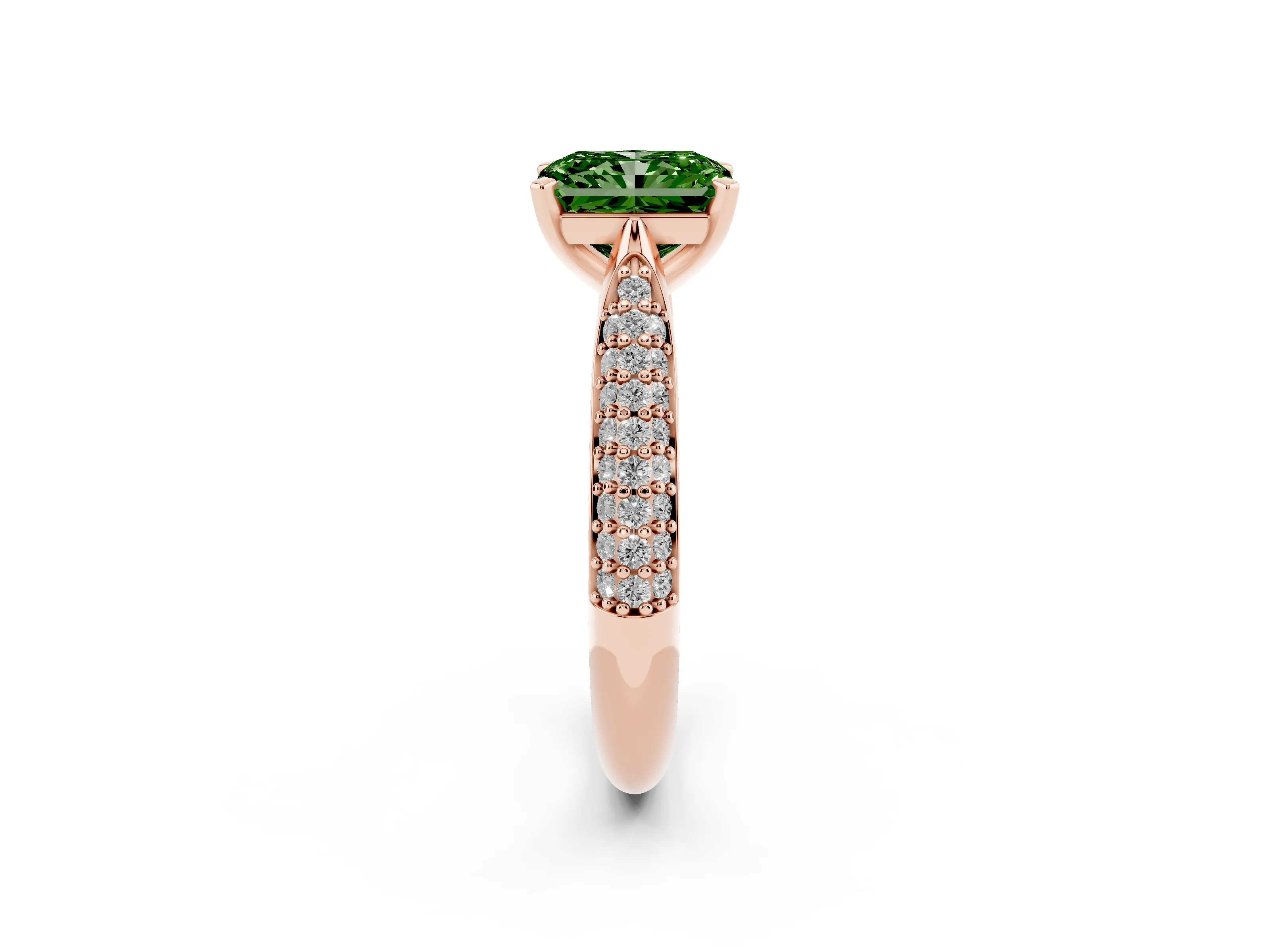 Fancy Green Radiant Cut Diamond Solitaire Engagement Ring Set in Rose gold with Multi-Row Round Pavé Band and Prong Setting