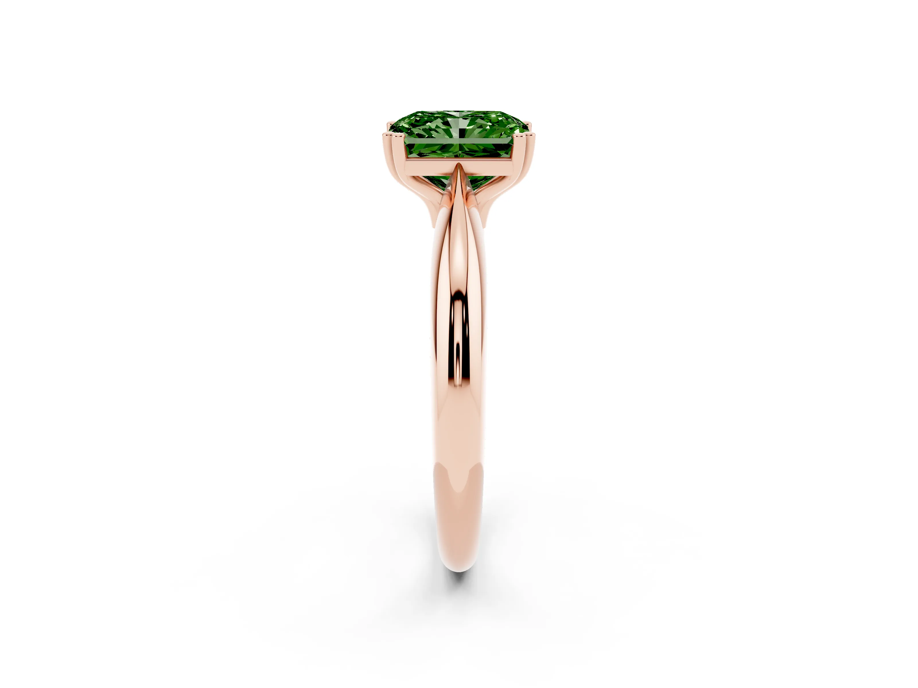 Fancy Green Radiant Cut Diamond Solitaire Engagement Ring Set in Rose gold with Tapered Band and Prong Setting