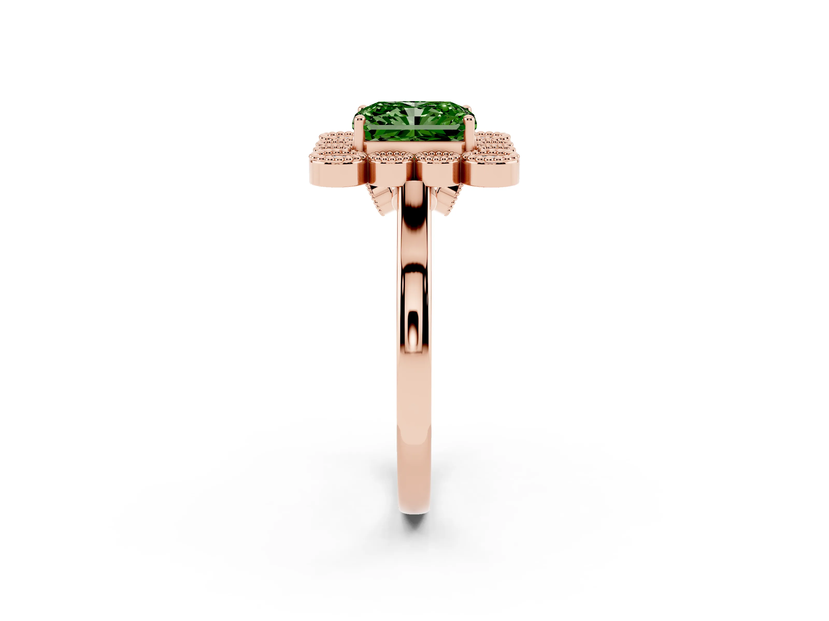 Fancy Green Radiant Cut Diamond Cluster Halo Ring Set in Rose gold with Milgrain Bezel Accents and Plain Band