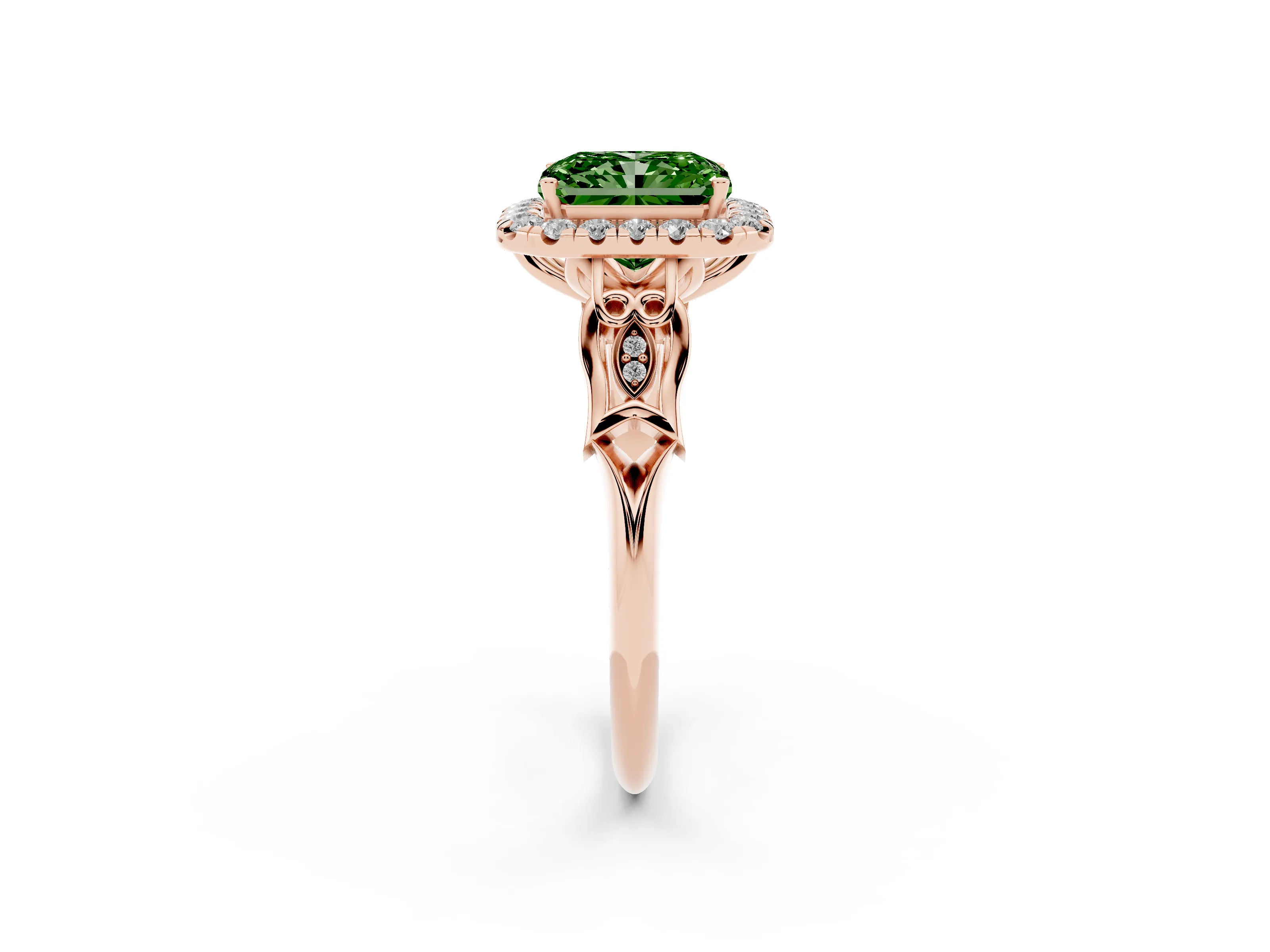 Fancy Green Radiant Cut Diamond Halo Engagement Ring Set in Rose gold with Filigree Band and Prong-Set Center