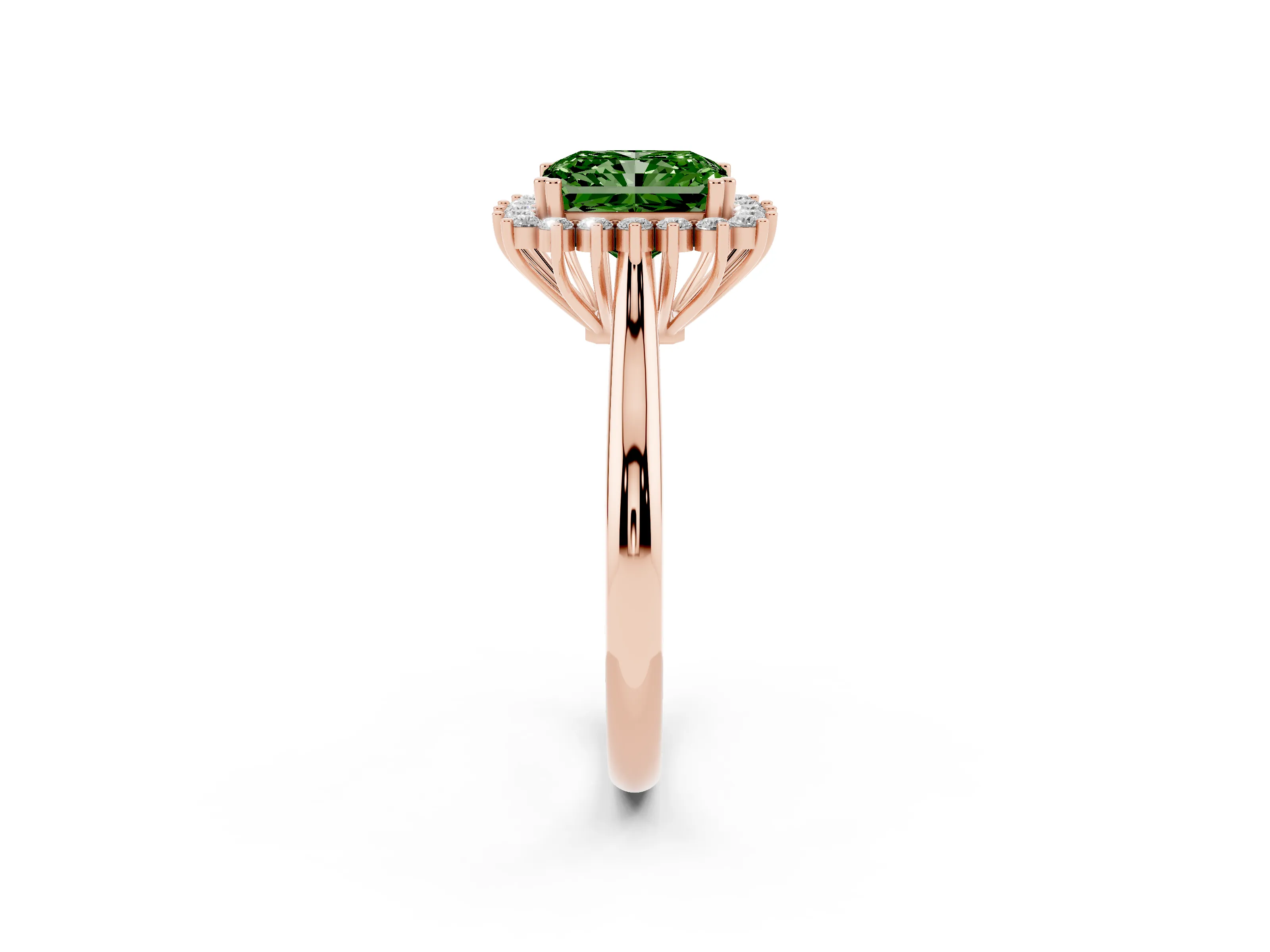 Fancy Green Radiant Cut Diamond Halo Ring Set in Rose gold with Plain Solitaire Band and Prong Setting