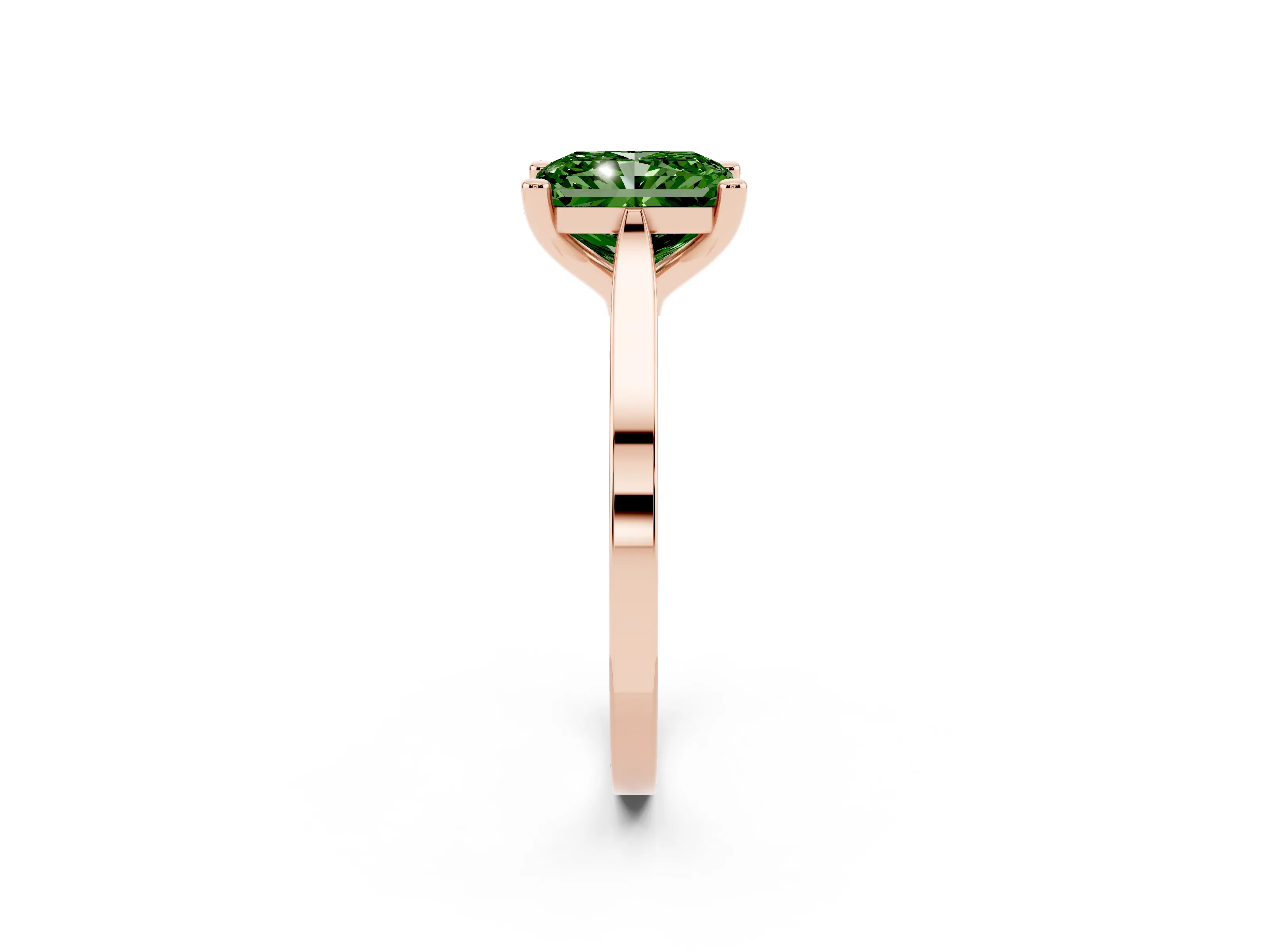 Fancy Green Radiant Cut Diamond Solitaire Ring Set in Rose gold with Prong Setting and Tapered Band
