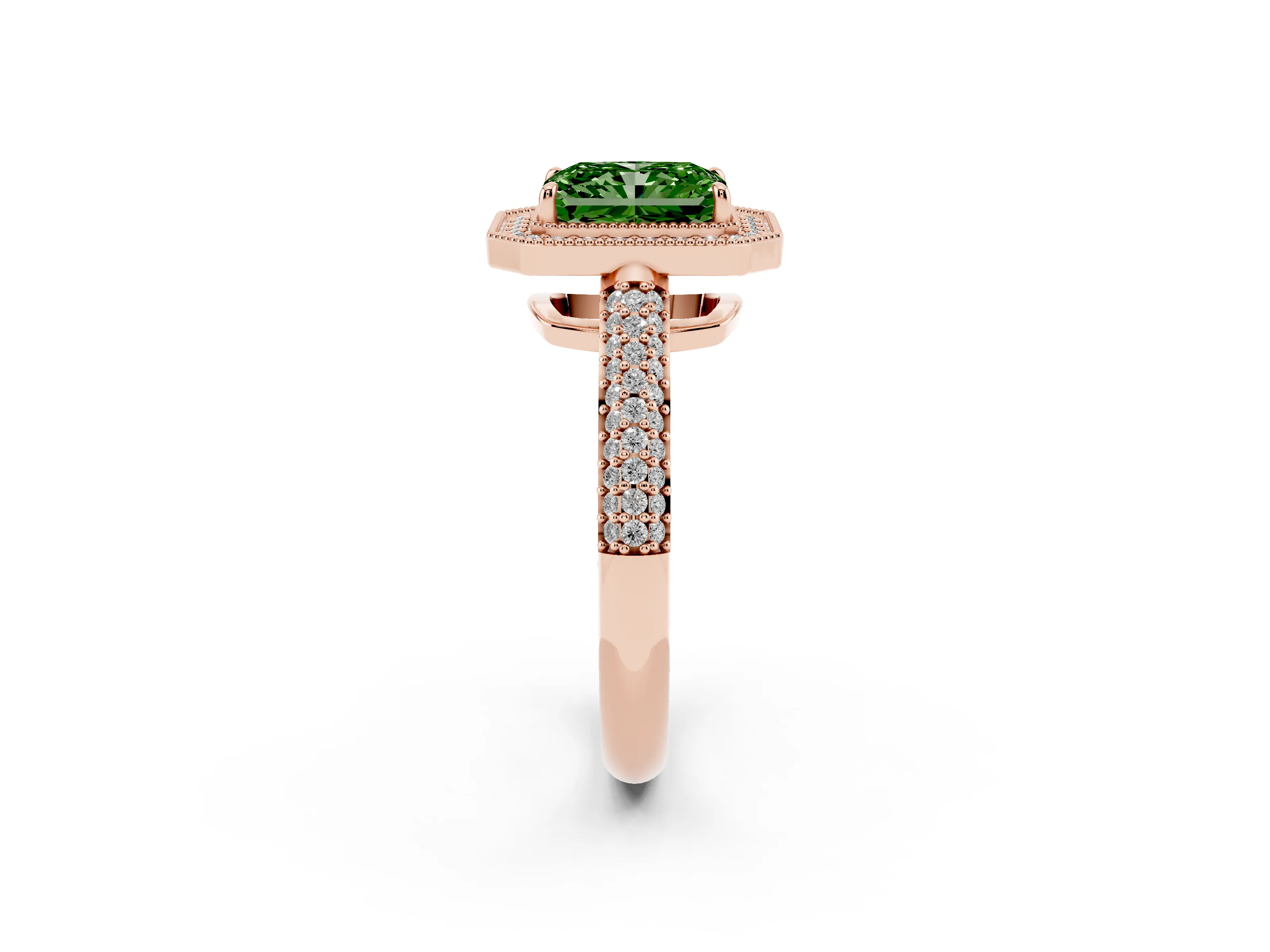 Fancy Green Radiant Cut Diamond Halo Pavé Band Set in Rose gold with Prong Setting