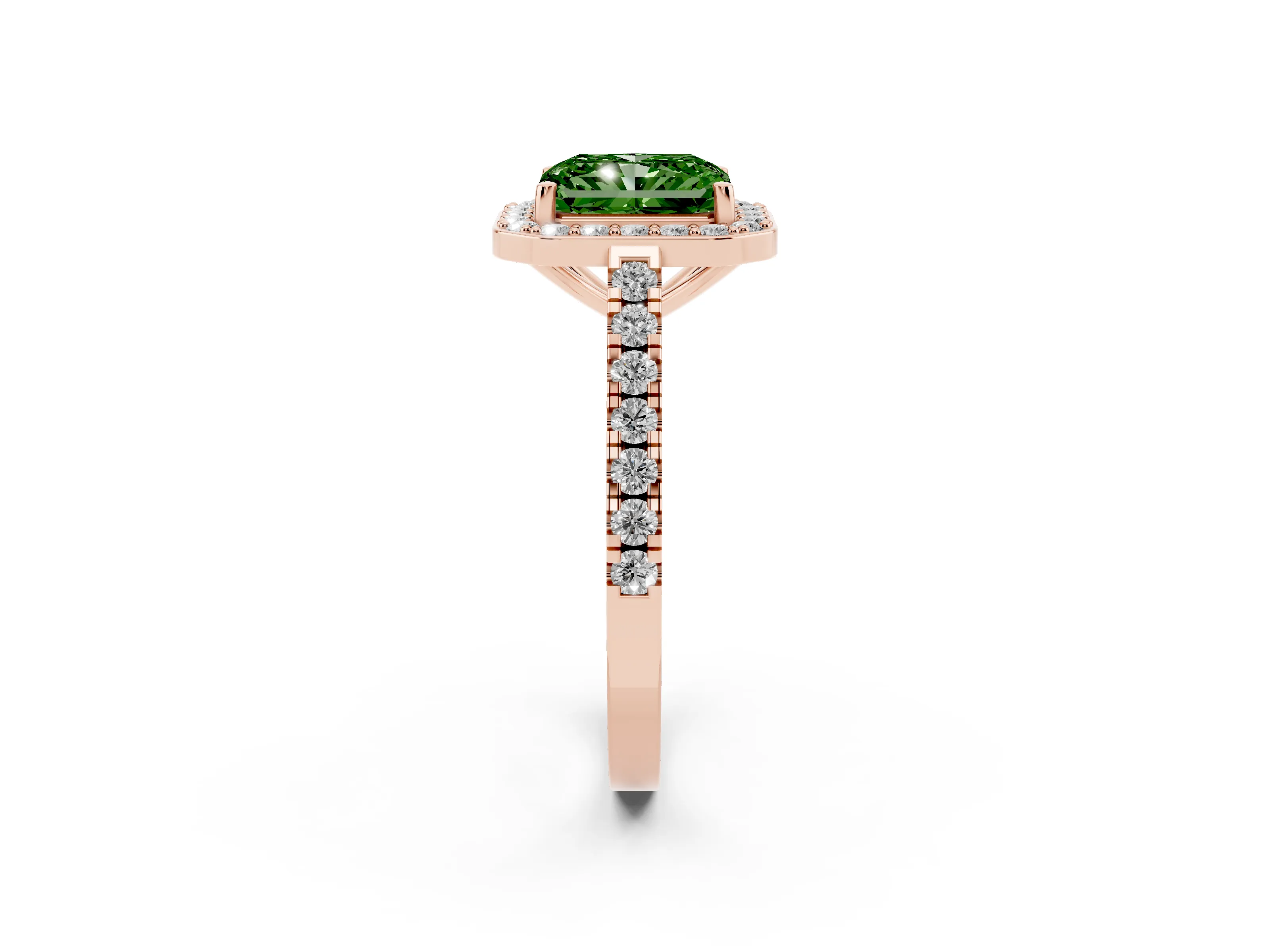 Fancy Green Radiant Cut Diamond Halo Ring Set in Rose gold with Round Pavé Split Shank and Prong Setting