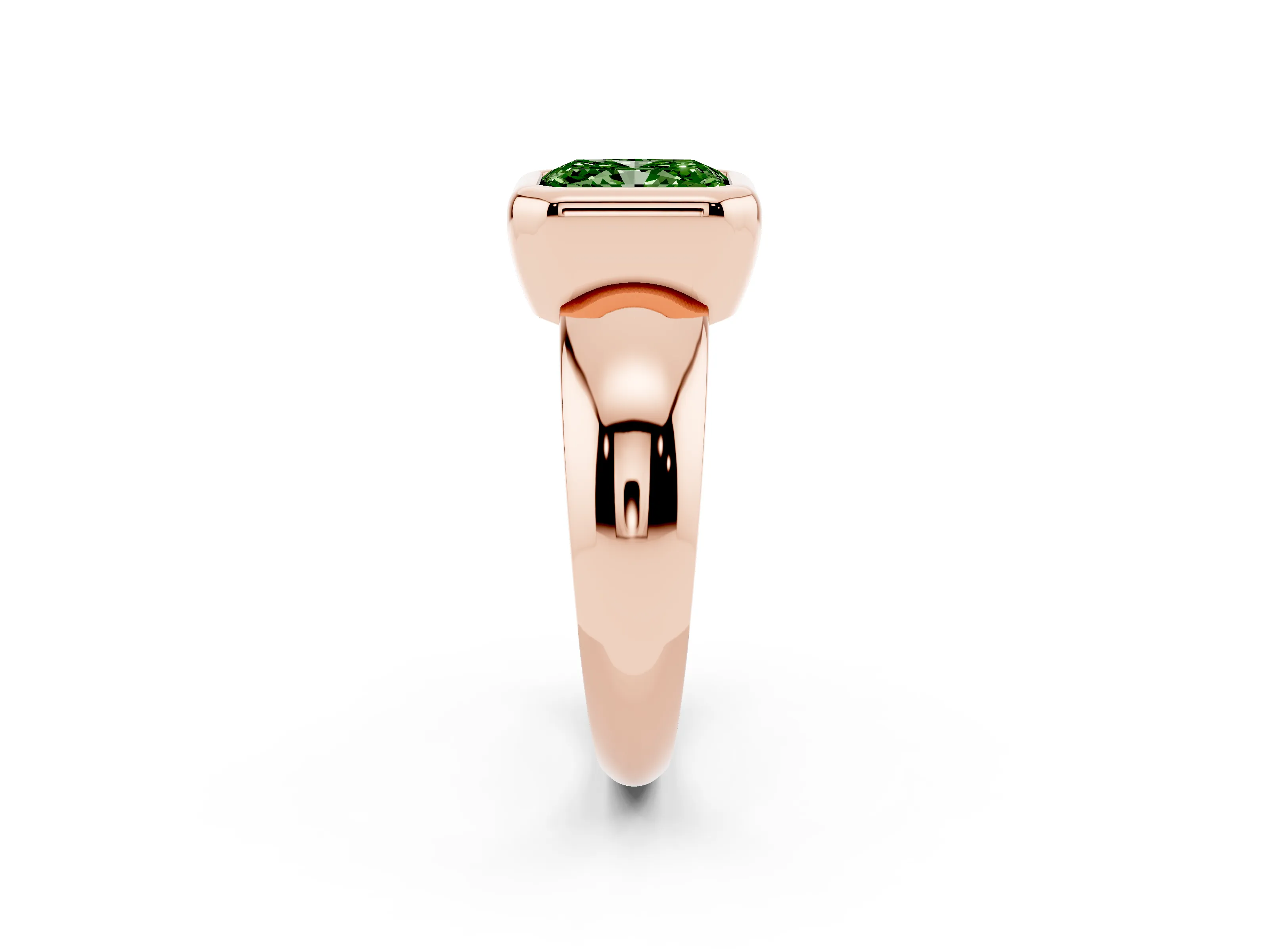 Fancy Green Bezel Set Radiant Cut Diamond Solitaire Ring Set in Rose gold with Wide Band