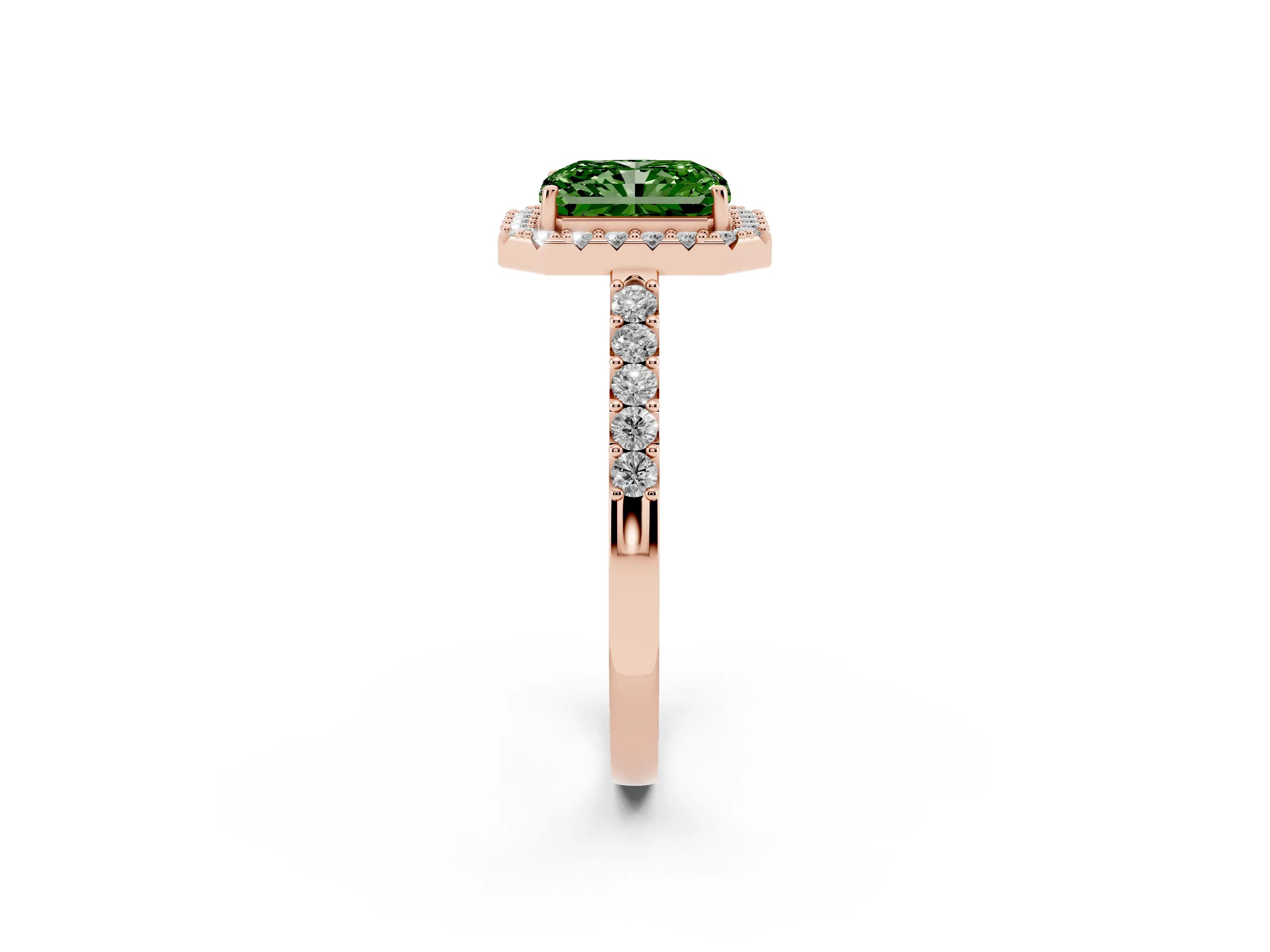 Fancy Green Radiant Cut Diamond Halo Pavé Solitaire Ring Set in Rose gold with Prong-Set Center Stone
