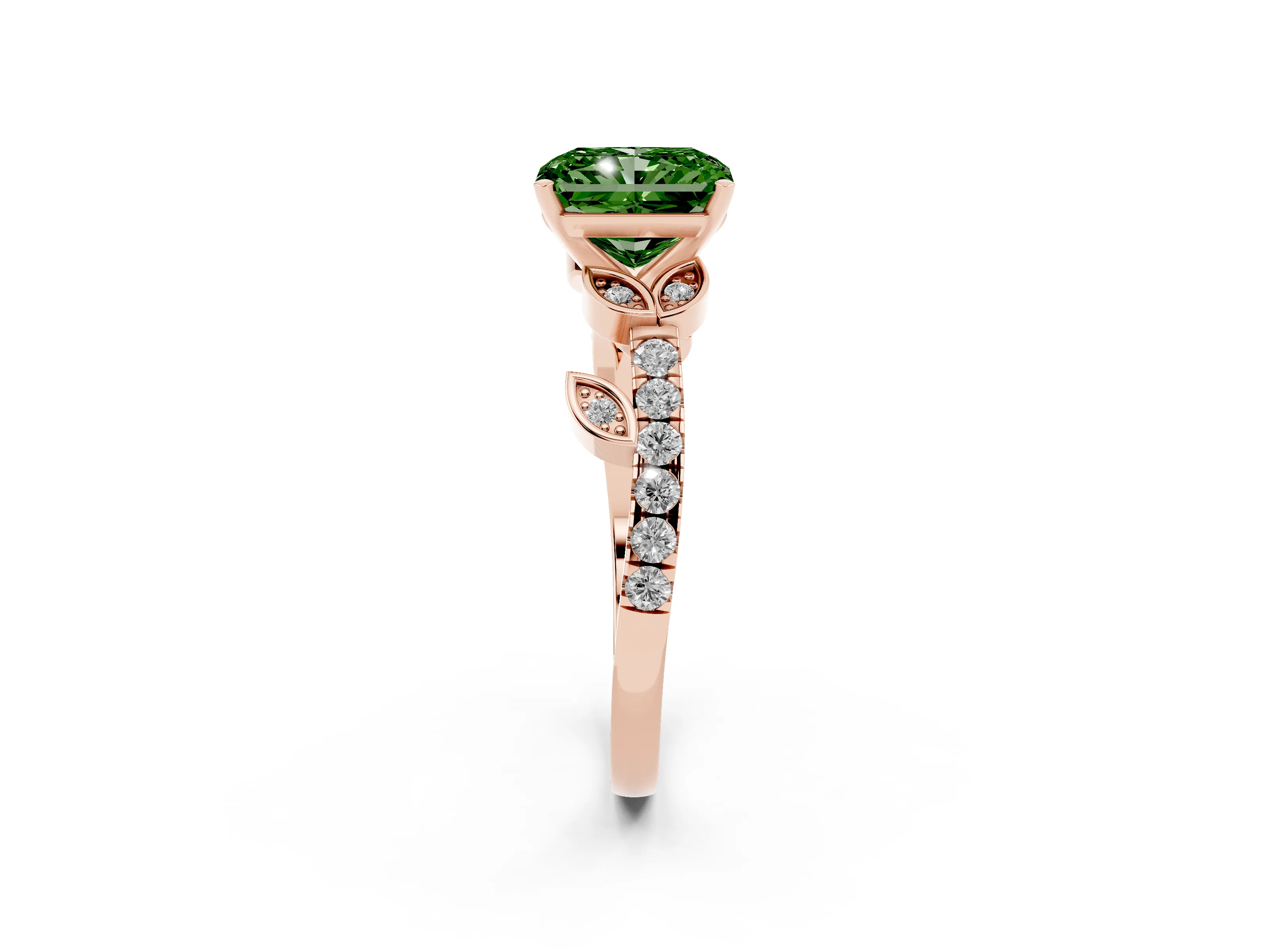 Fancy Green Radiant Cut Diamond Solitaire Leaf-Inspired Ring Set in Rose gold with Pavé Band and Prong Setting