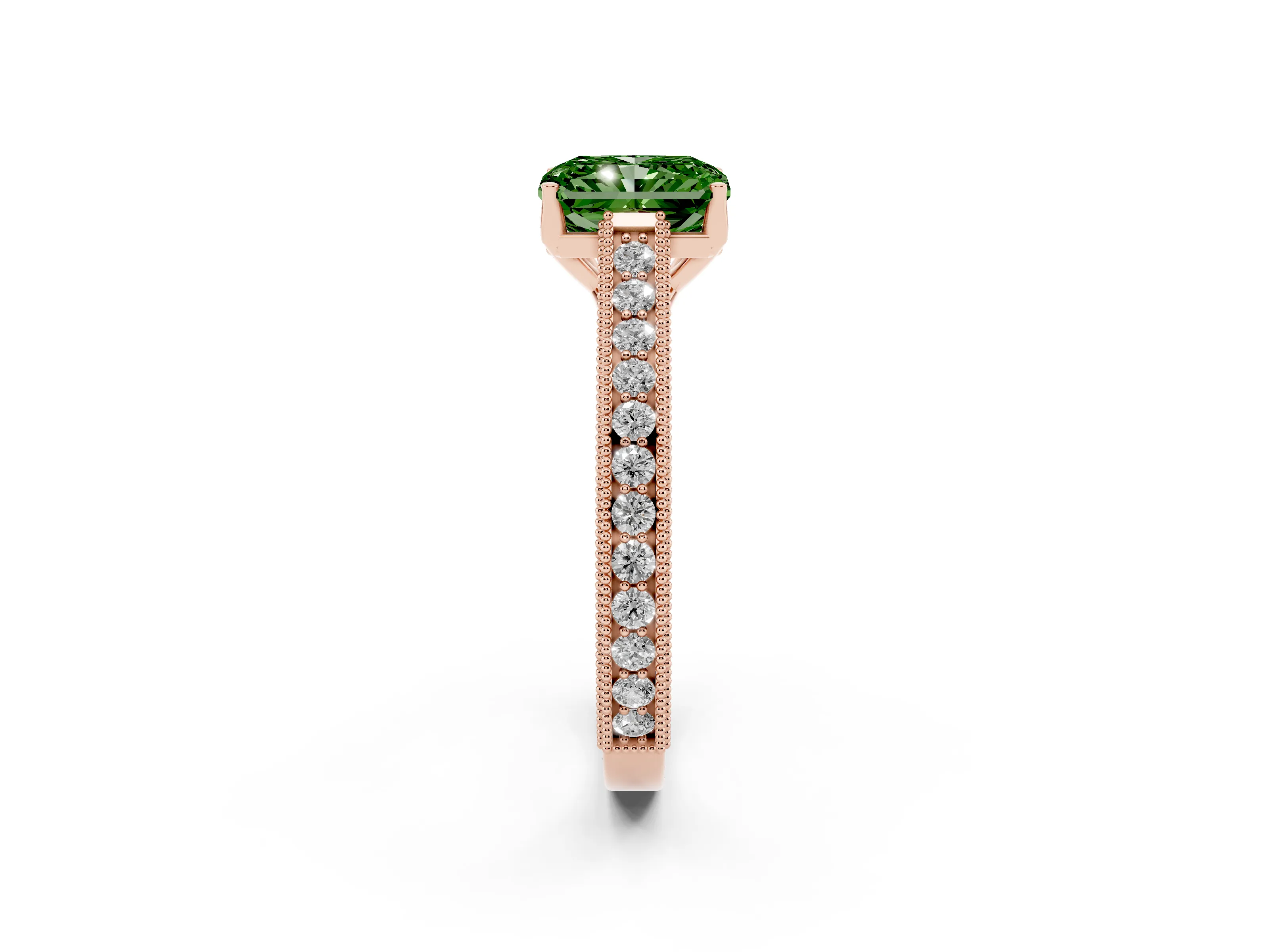 Fancy Green Radiant Cut Diamond Milgrain Pavé Band Solitaire Ring Set in Rose gold with Prong Setting