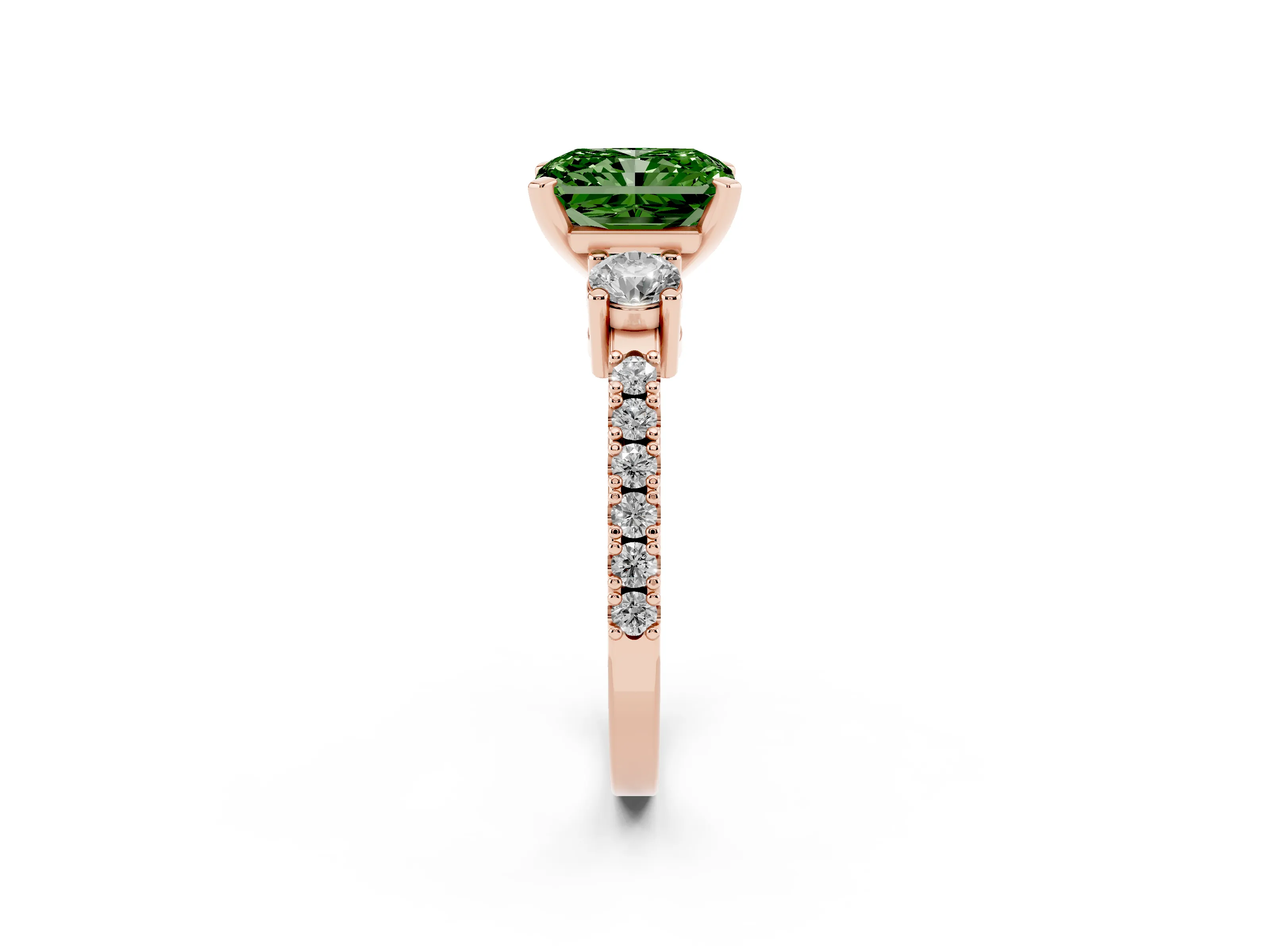 Fancy Green Three-Stone Radiant Cut Diamond Pavé Band Ring Set in Rose gold with Prong Setting