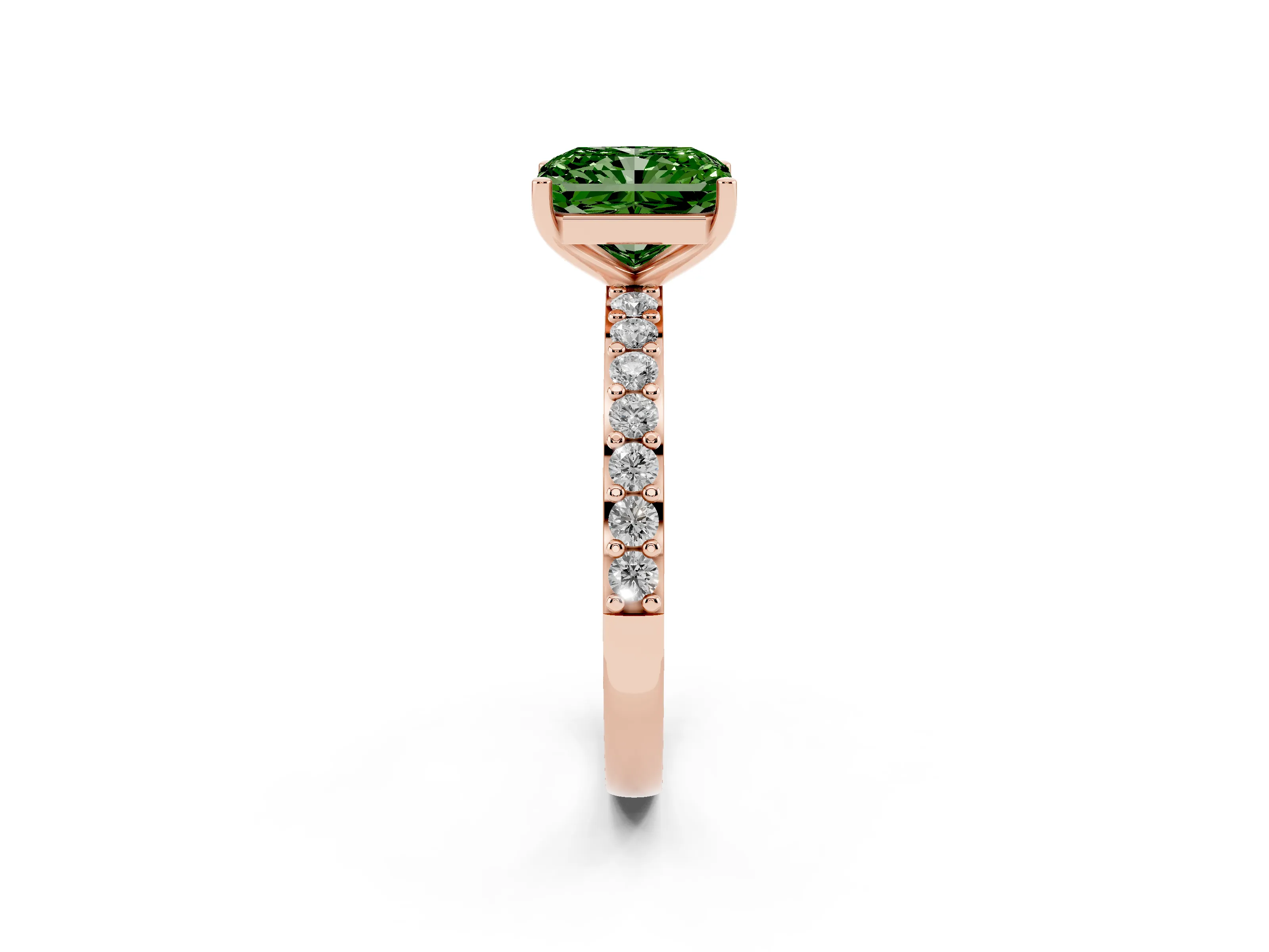Fancy Green Radiant Cut Diamond Solitaire Set in Rose gold with Round Pavé Band and Prong Setting