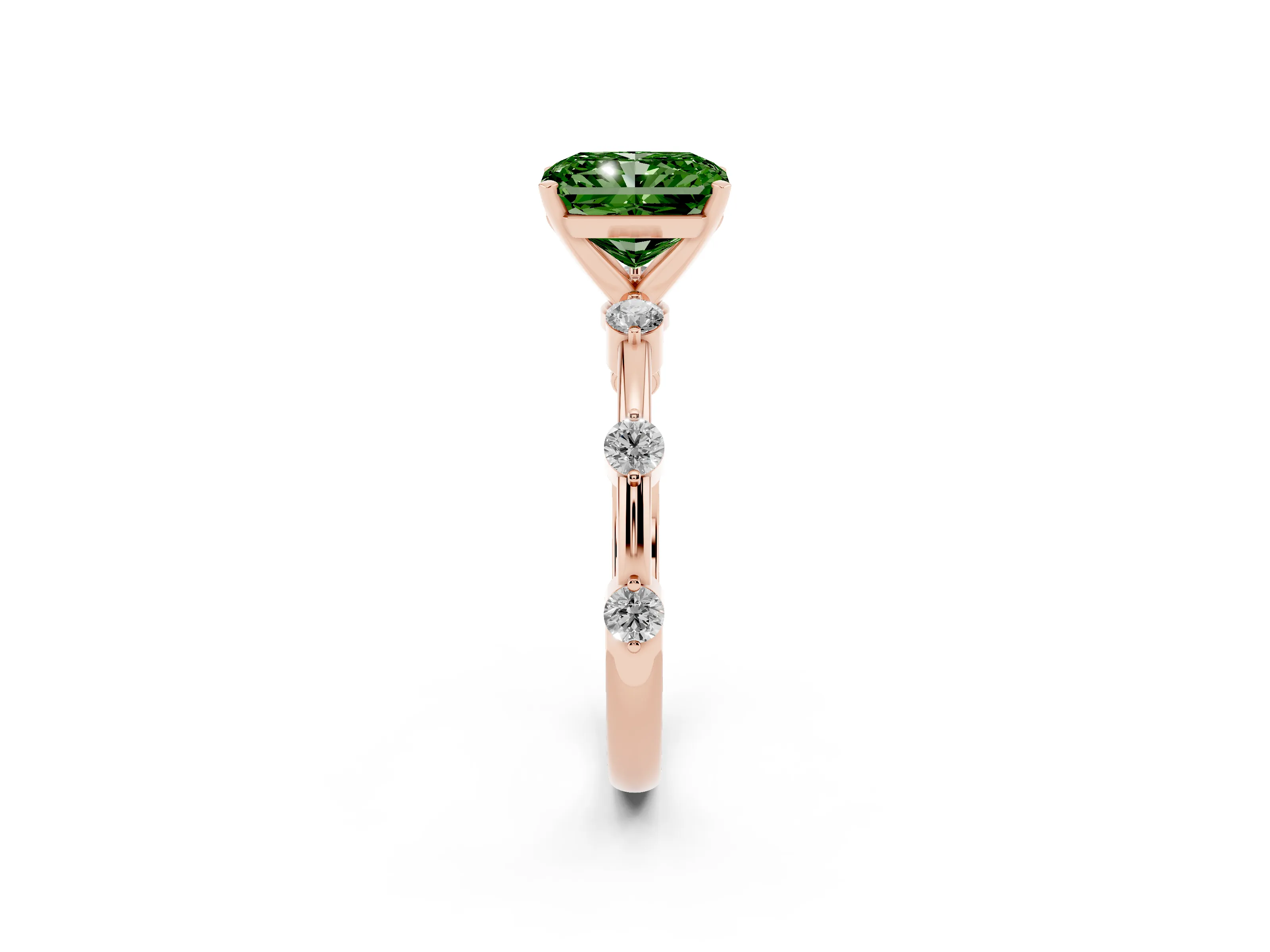 Fancy Green Radiant Cut Diamond Solitaire Ring Set in Rose gold with Bezel Set Side Stones and Prong Setting