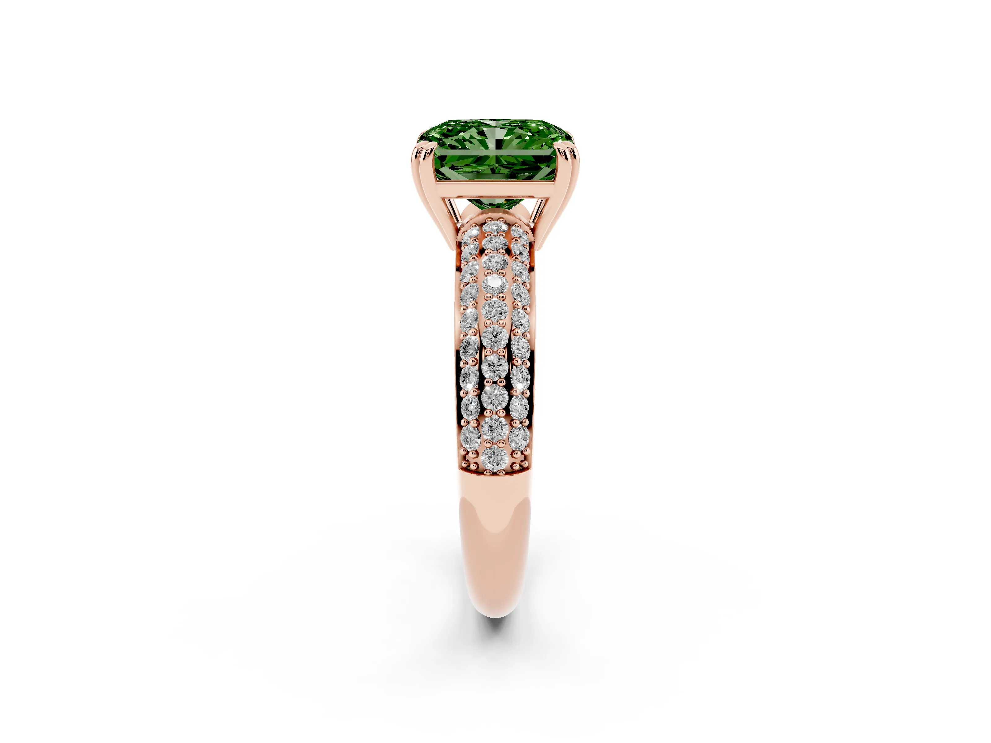 Fancy Green Radiant Cut Diamond Solitaire Ring Set in Rose gold with Multi-Row Round Pavé Band and Prong Setting