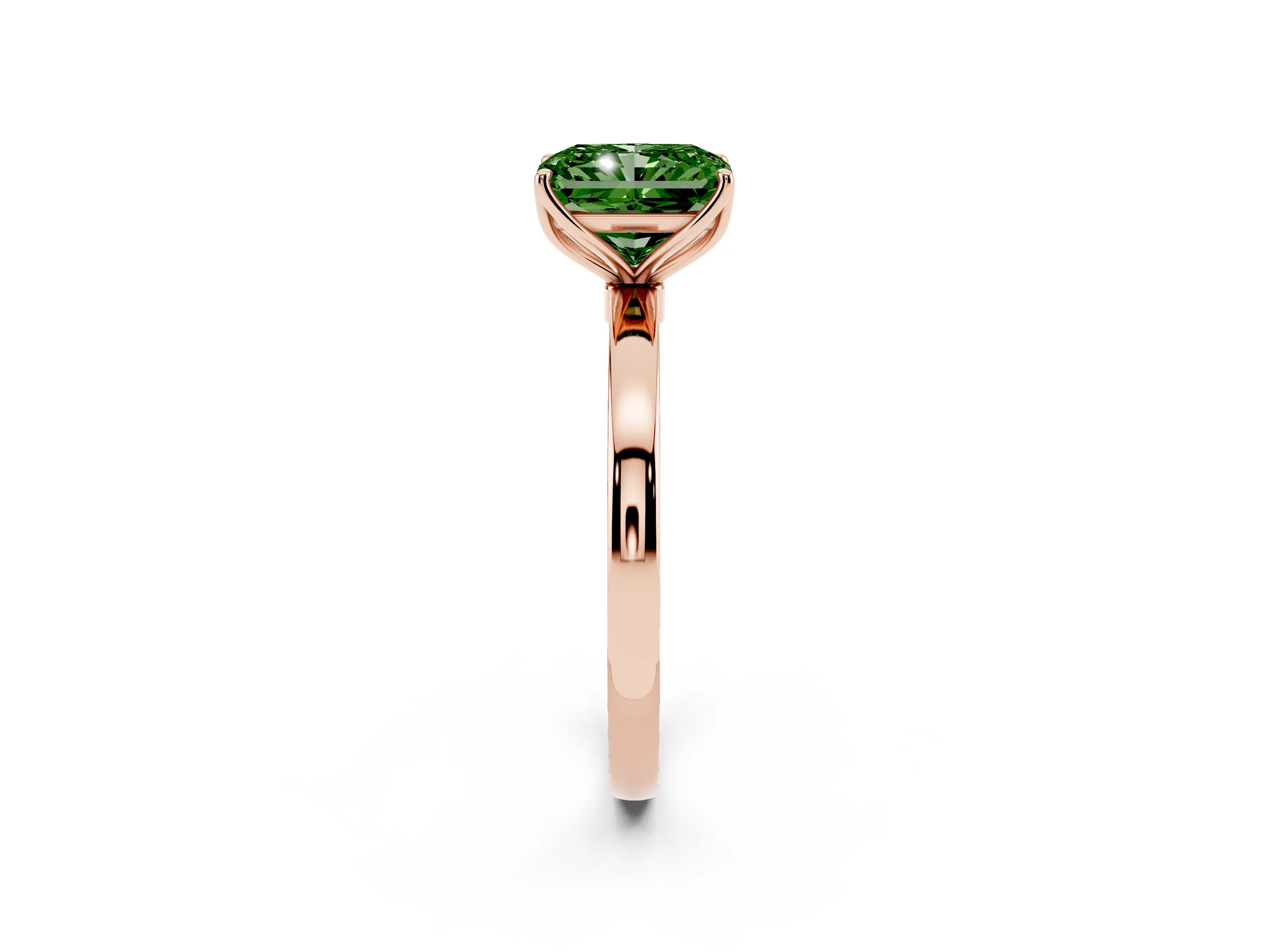 Fancy Green Radiant Cut Diamond Solitaire Ring Set in Rose gold with Prong Setting and Thin Polished Band