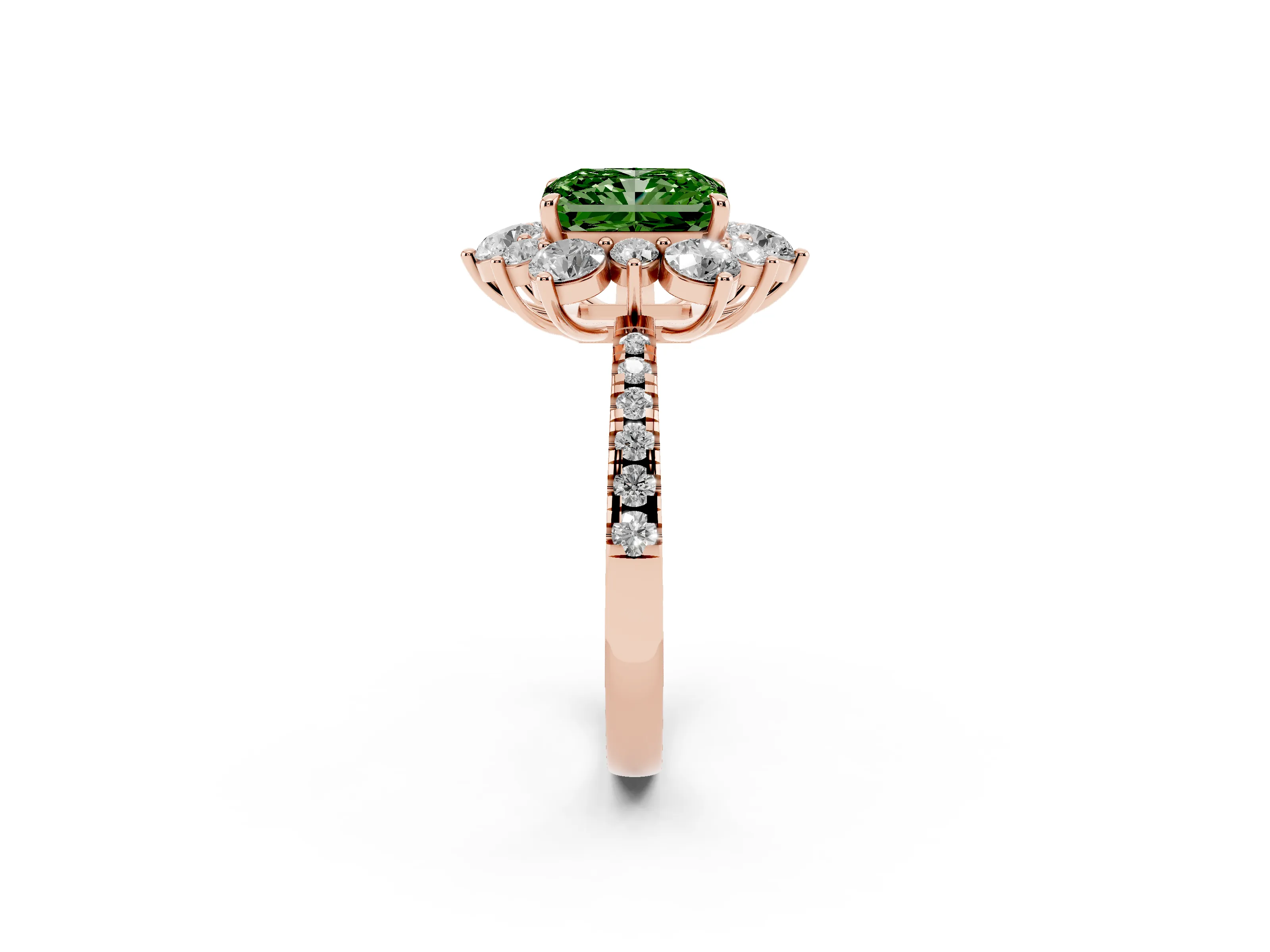 Fancy Green Radiant Cut Diamond Floral Halo Ring Set in Rose gold with Round Pavé Band and Prong Setting