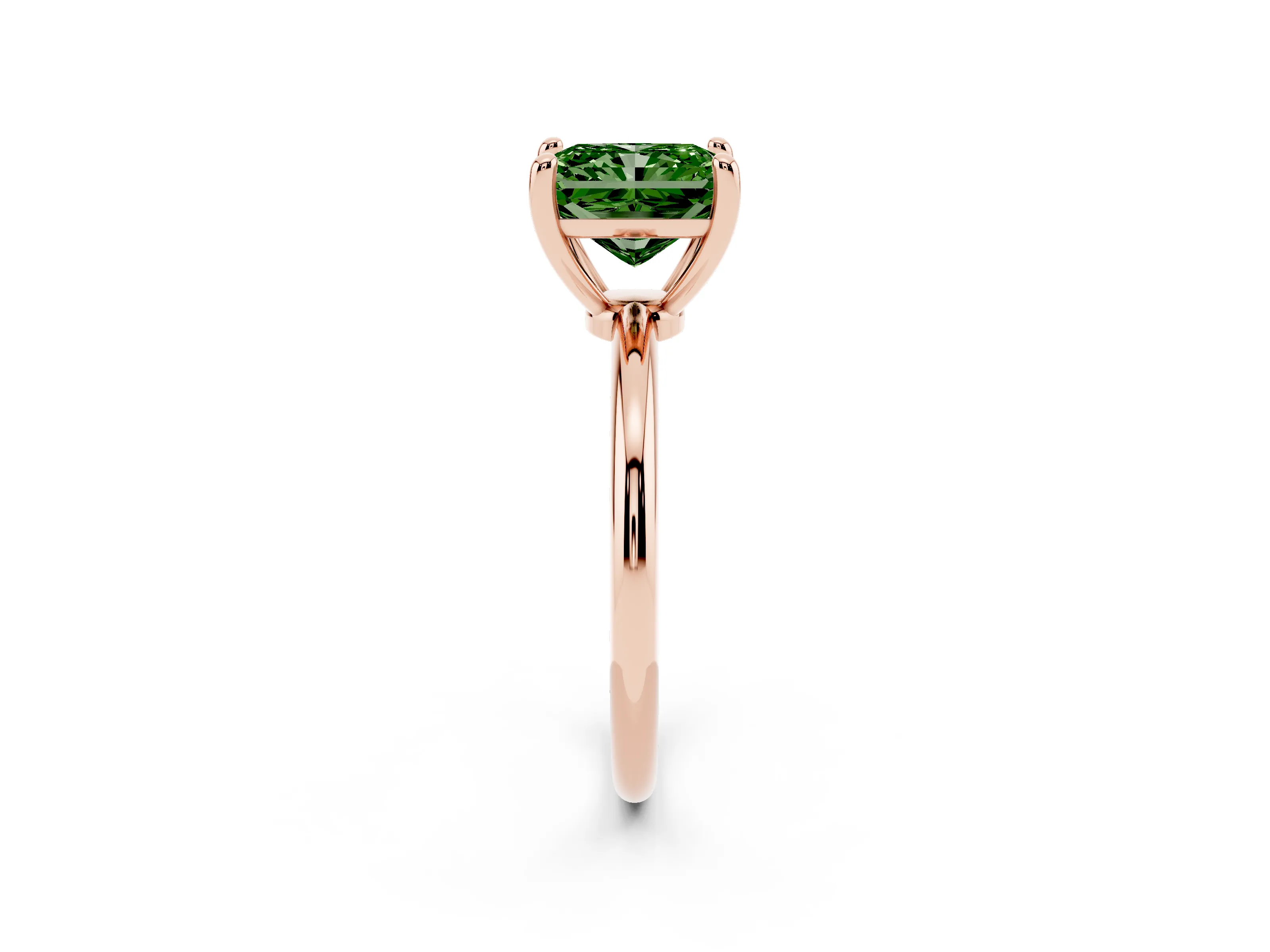 Fancy Green Radiant Cut Diamond Solitaire Ring Set in Rose gold with Secure Prong Setting on a Classic Band