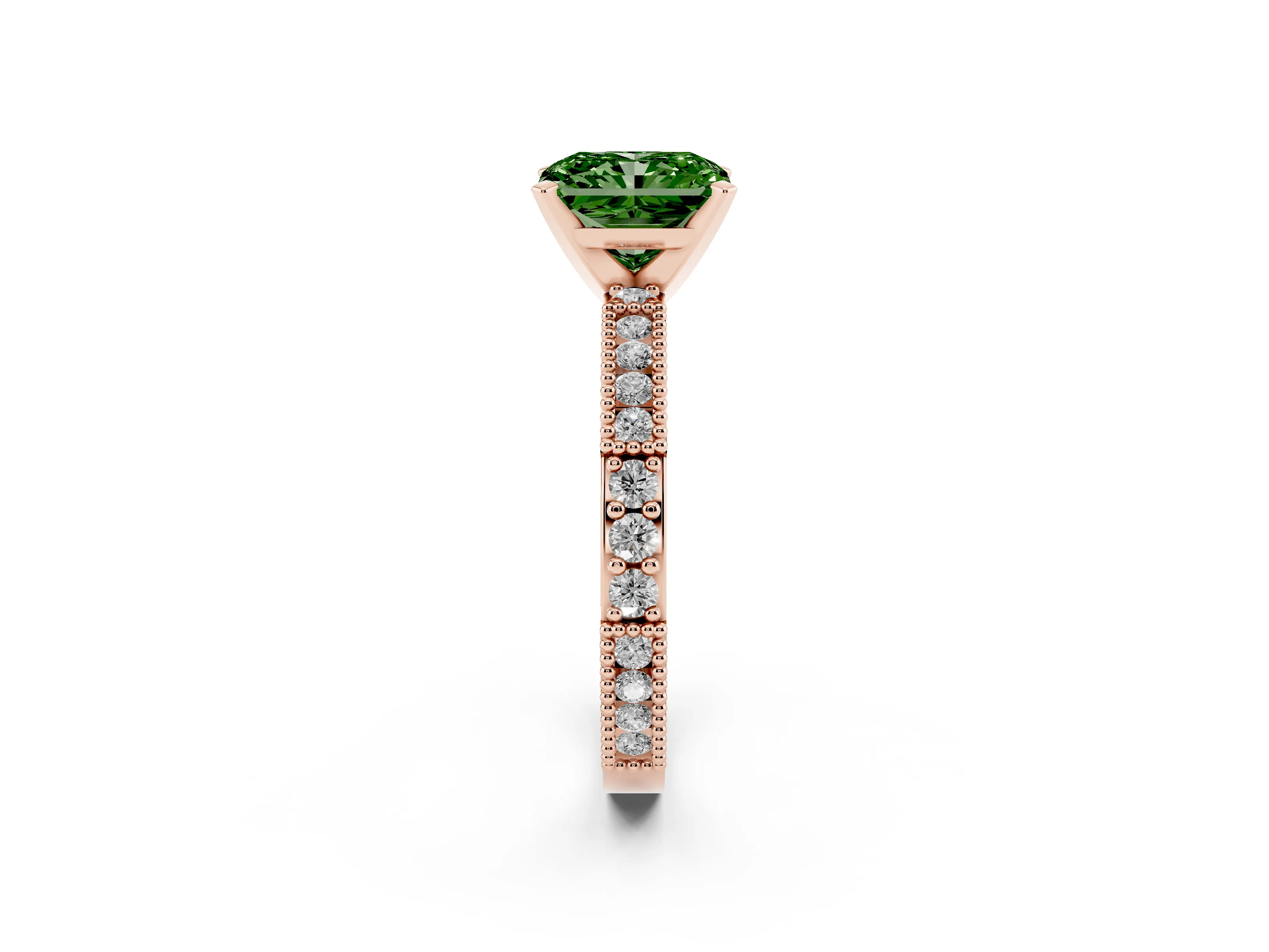 Fancy Green Radiant Cut Diamond Solitaire Ring Set in Rose gold with Slim Pavé Band and Prong Setting
