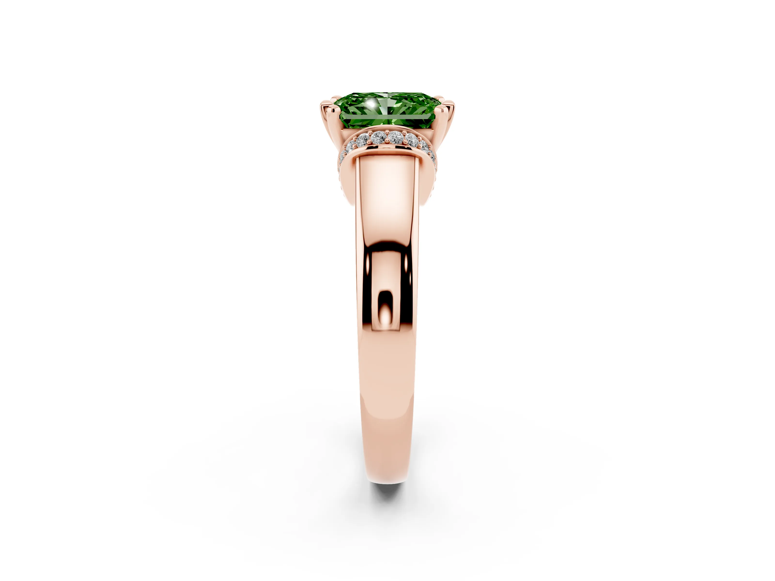 Fancy Green Radiant Cut Diamond Pavé Band Solitaire Ring Set in Rose gold with Prong Setting