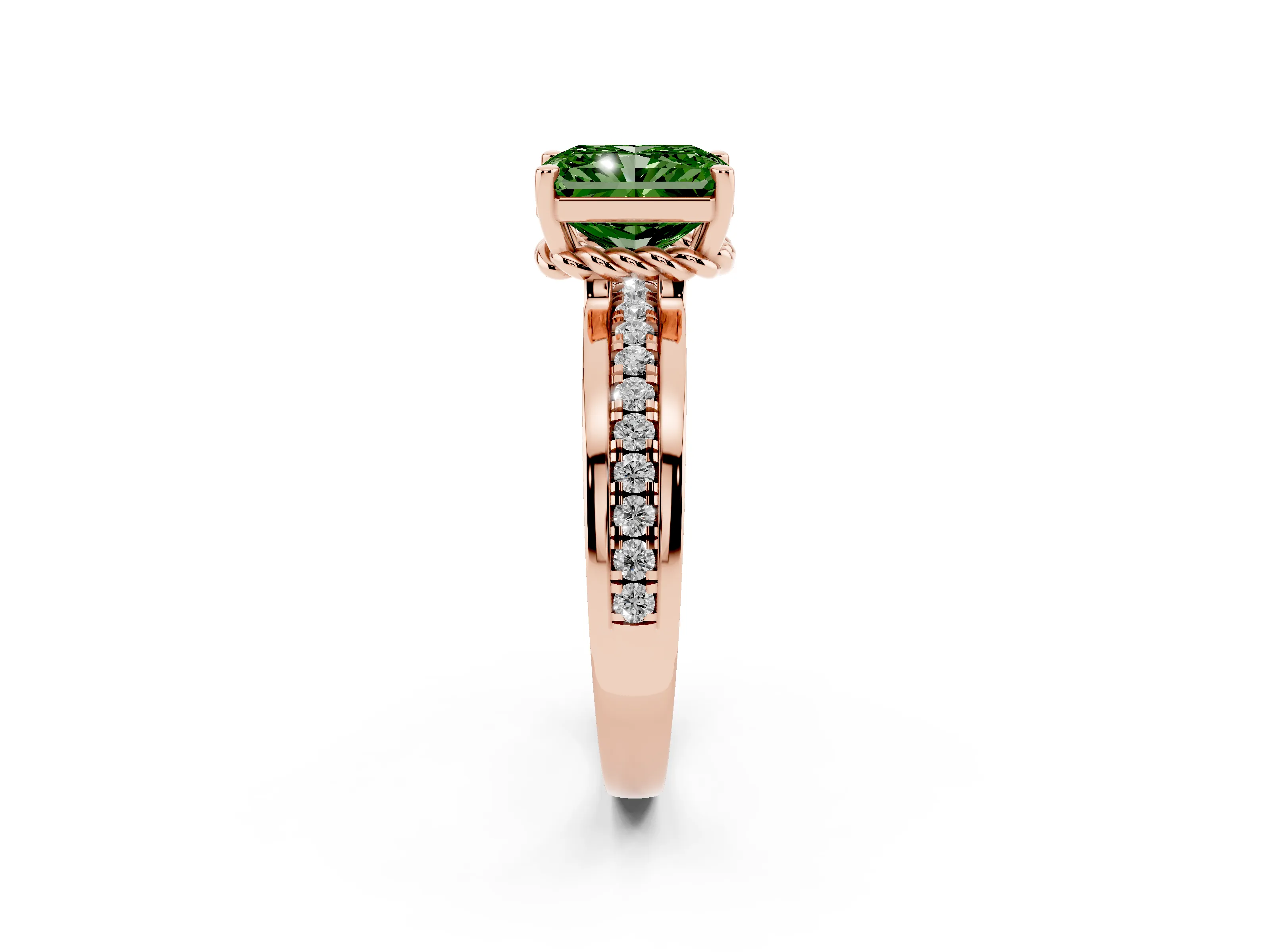 Fancy Green Radiant Cut Diamond Solitaire Ring Set in Rose gold with Channel Set Band and Prong Setting