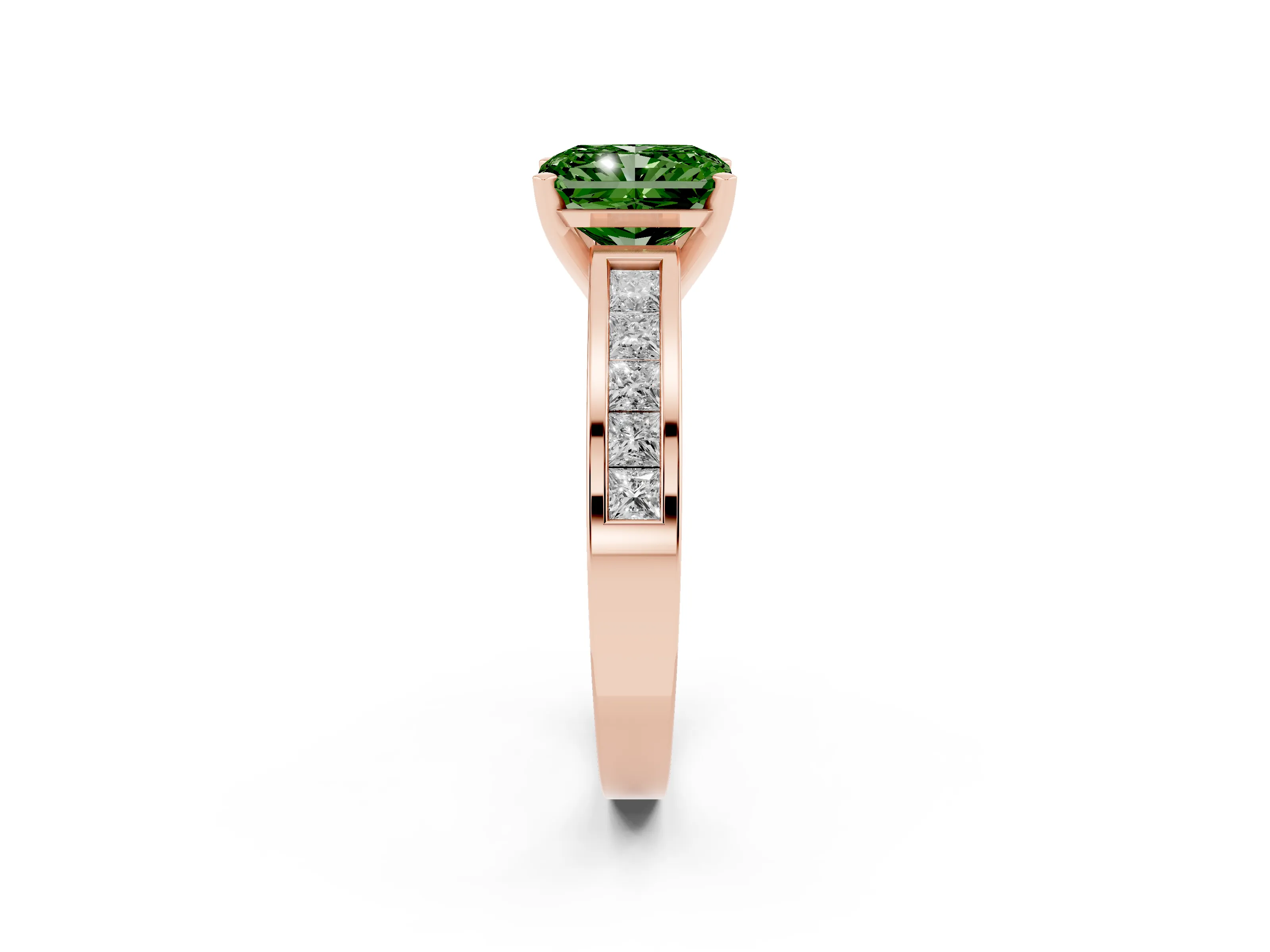 Fancy Green Radiant Cut Diamond Solitaire Ring Set in Rose gold with Channel-Set Band and Prong Setting