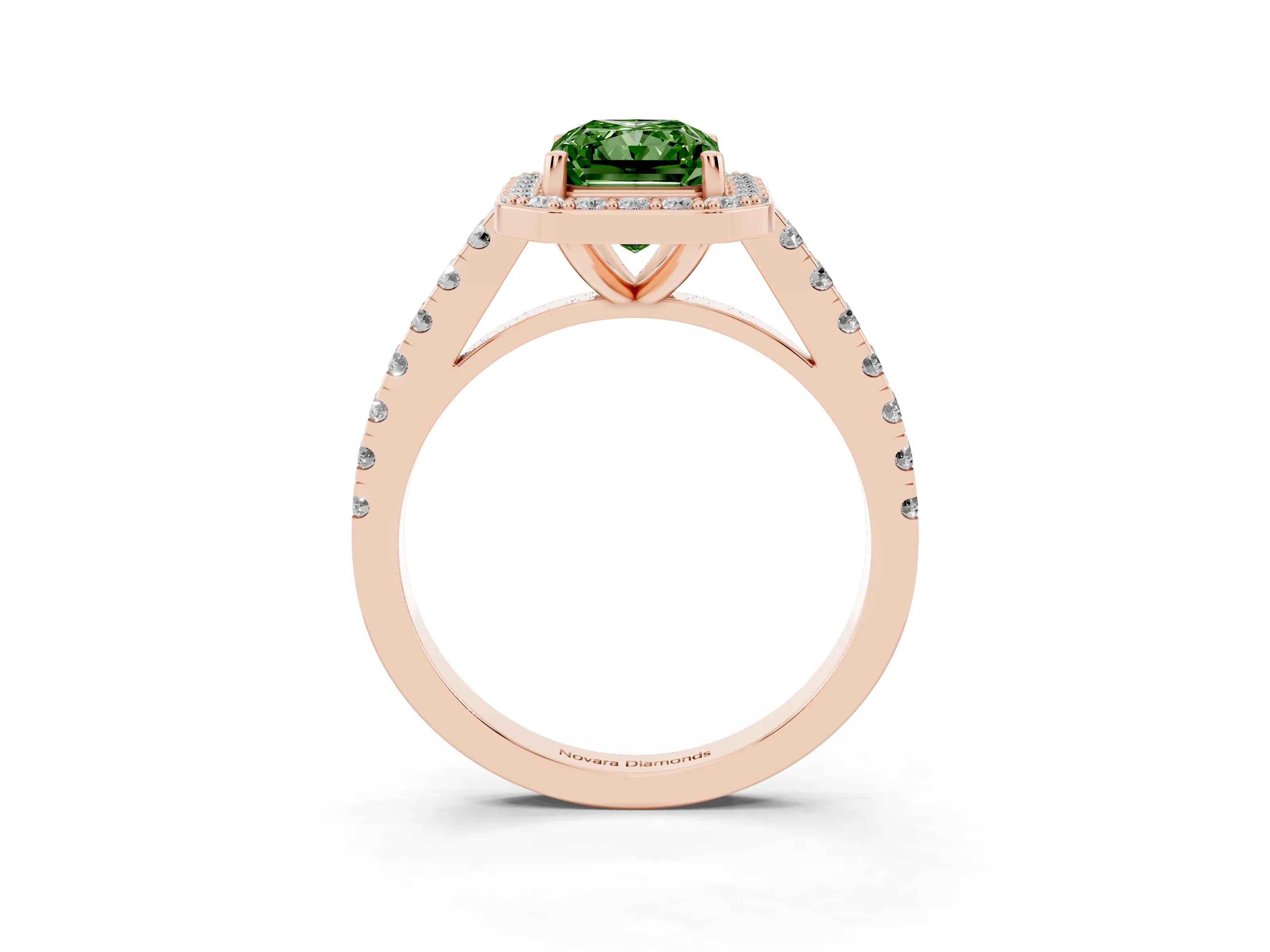 Fancy Green Radiant Cut Diamond Halo Ring Set in Rose gold with Round Pavé Split Shank and Prong Setting