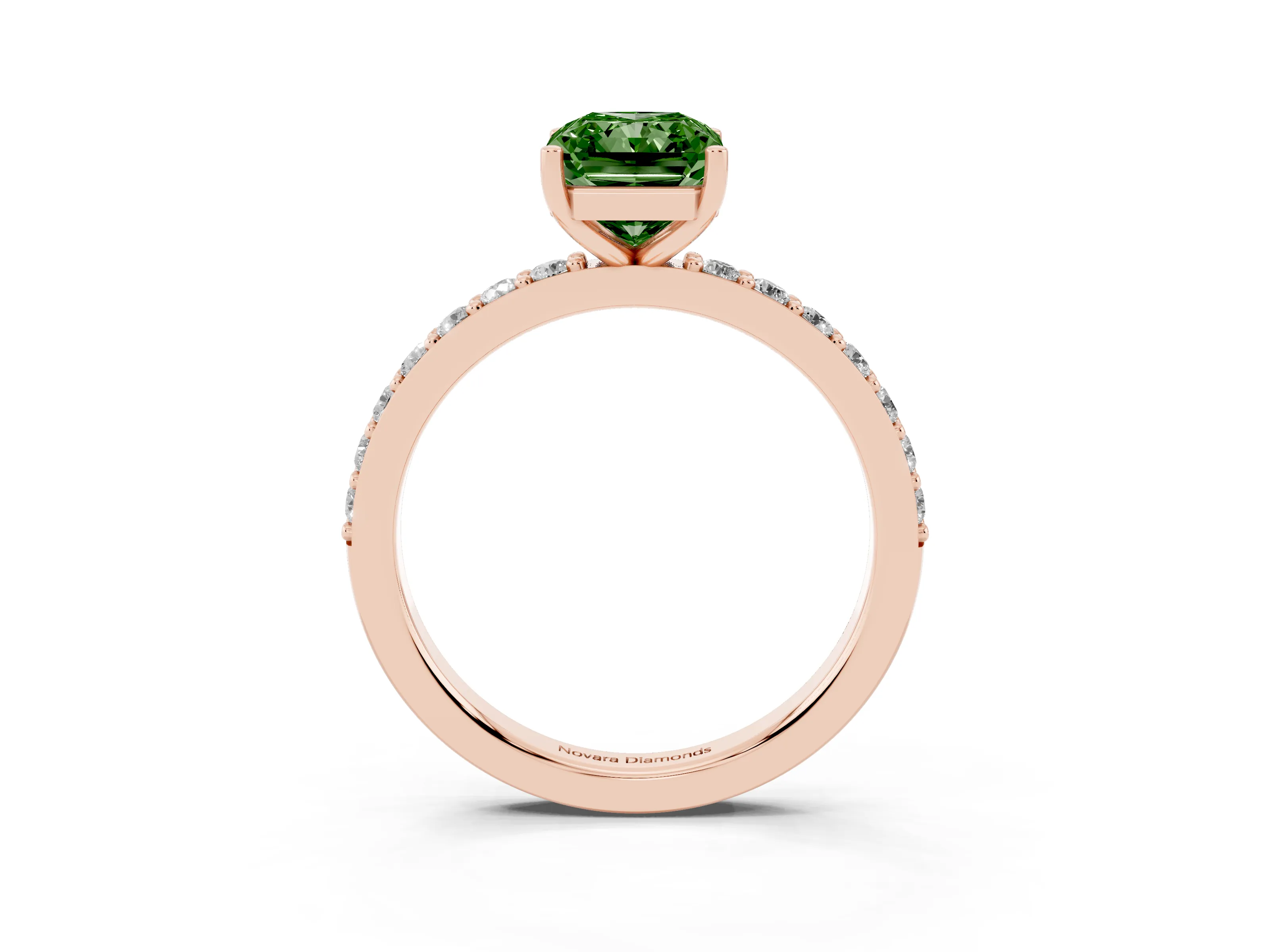 Fancy Green Radiant Cut Diamond Solitaire Set in Rose gold with Round Pavé Band and Prong Setting