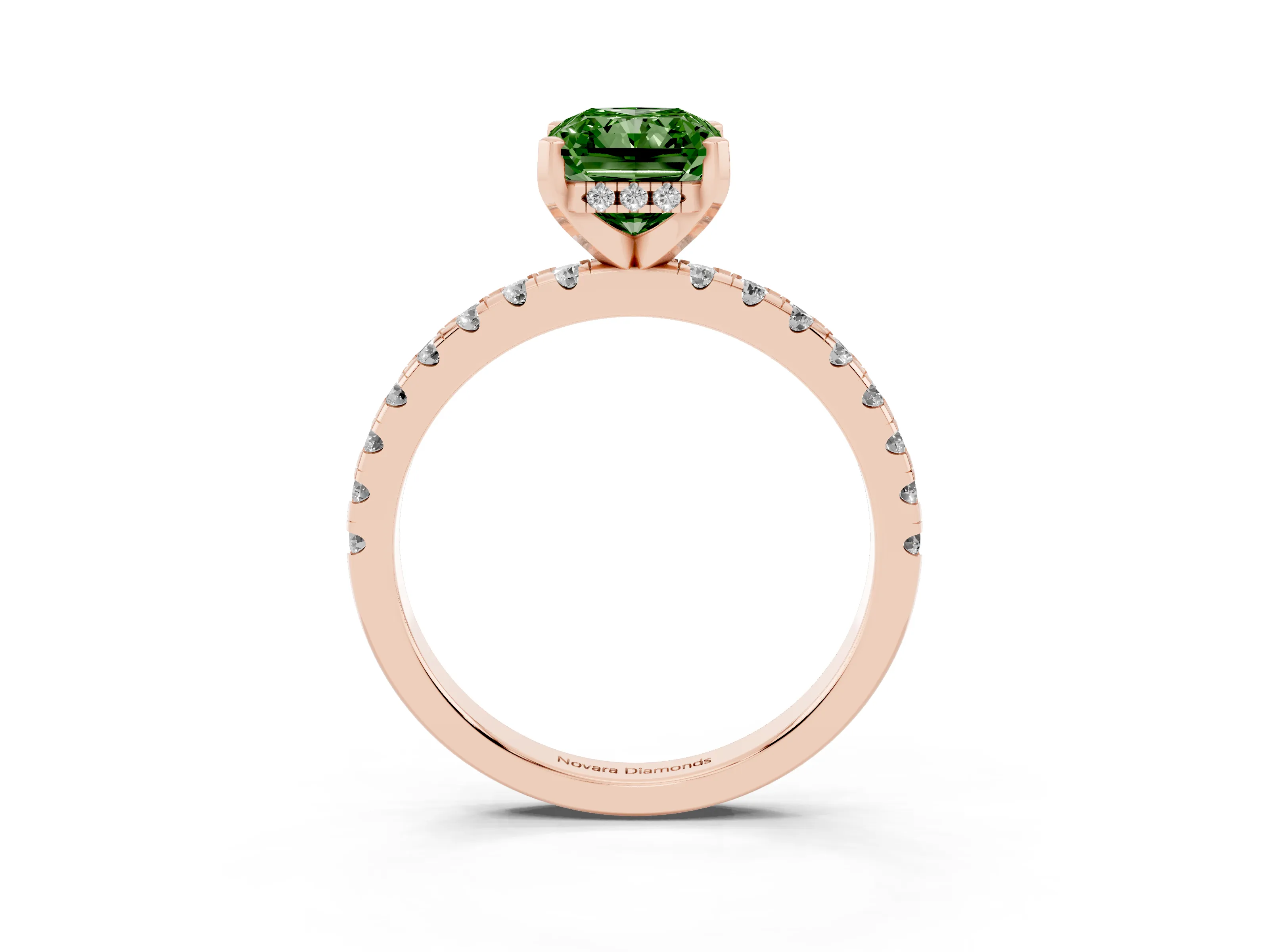 Fancy Green Radiant Cut Diamond Pavé Solitaire Ring Set in Rose gold with Round Band Accents and Prong Setting