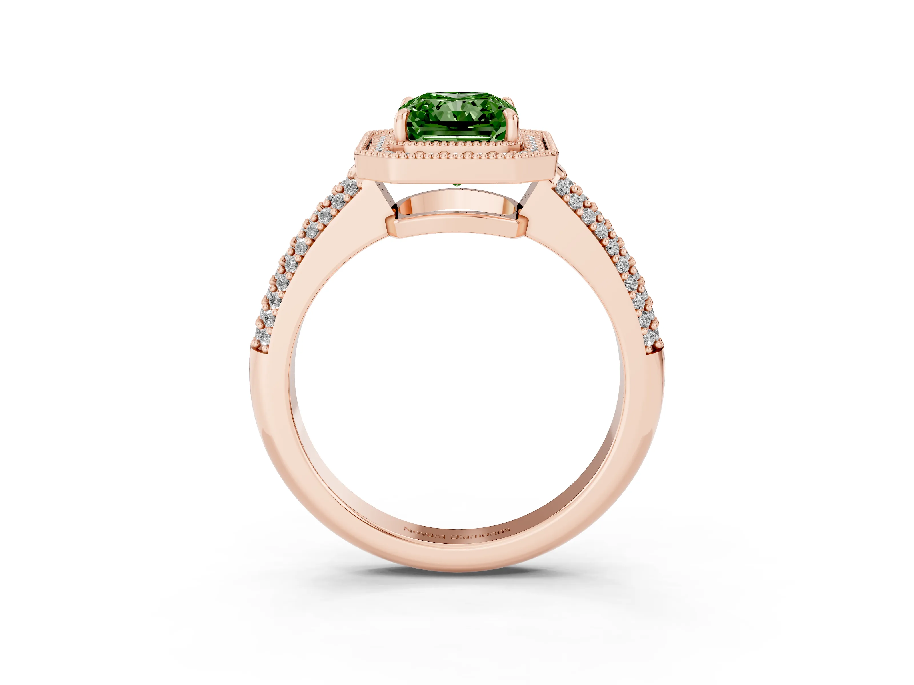Fancy Green Radiant Cut Diamond Halo Pavé Band Set in Rose gold with Prong Setting