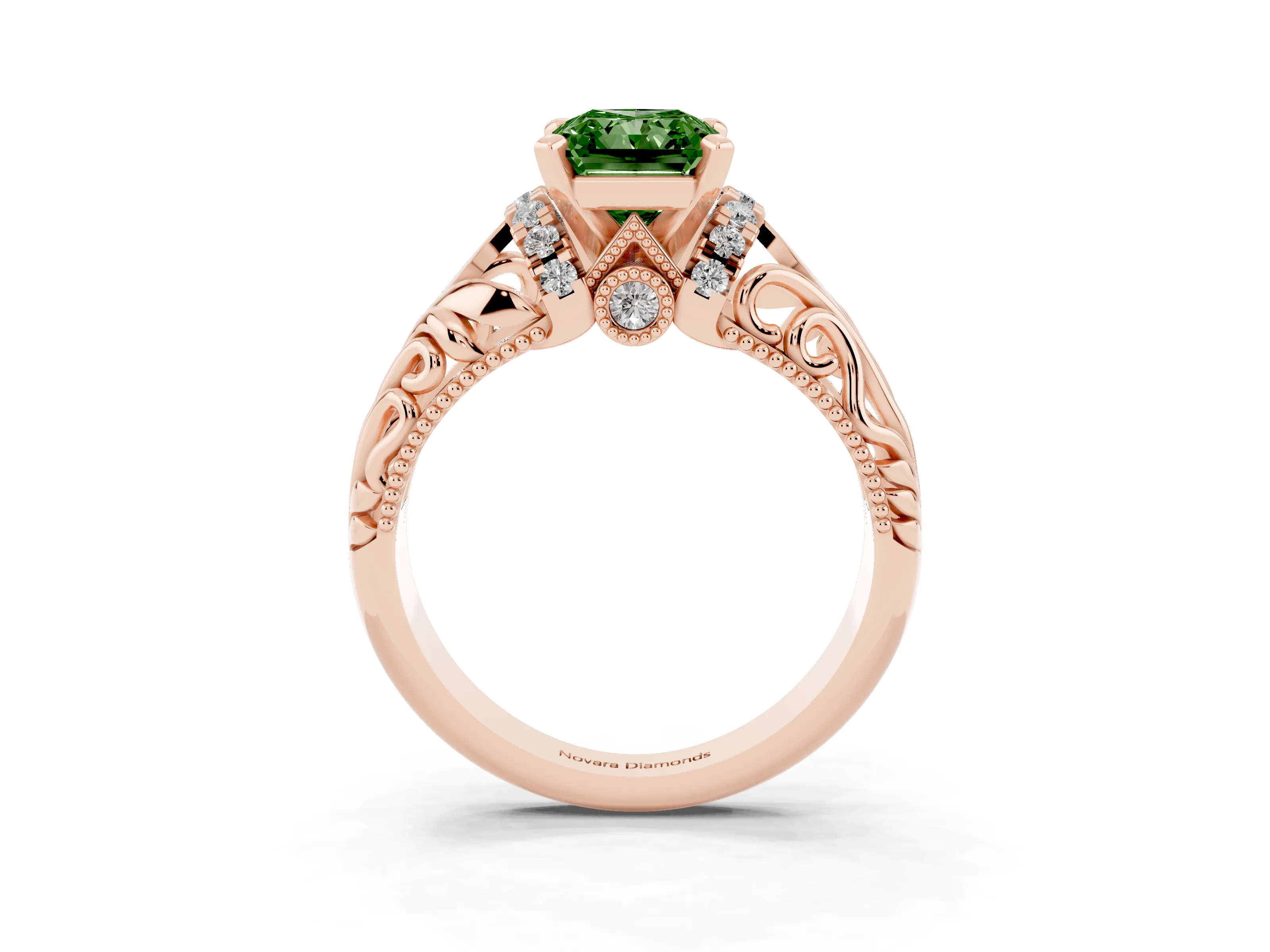 Fancy Green Radiant Cut Diamond Filigree Halo Engagement Ring Set in Rose gold with Prong Setting