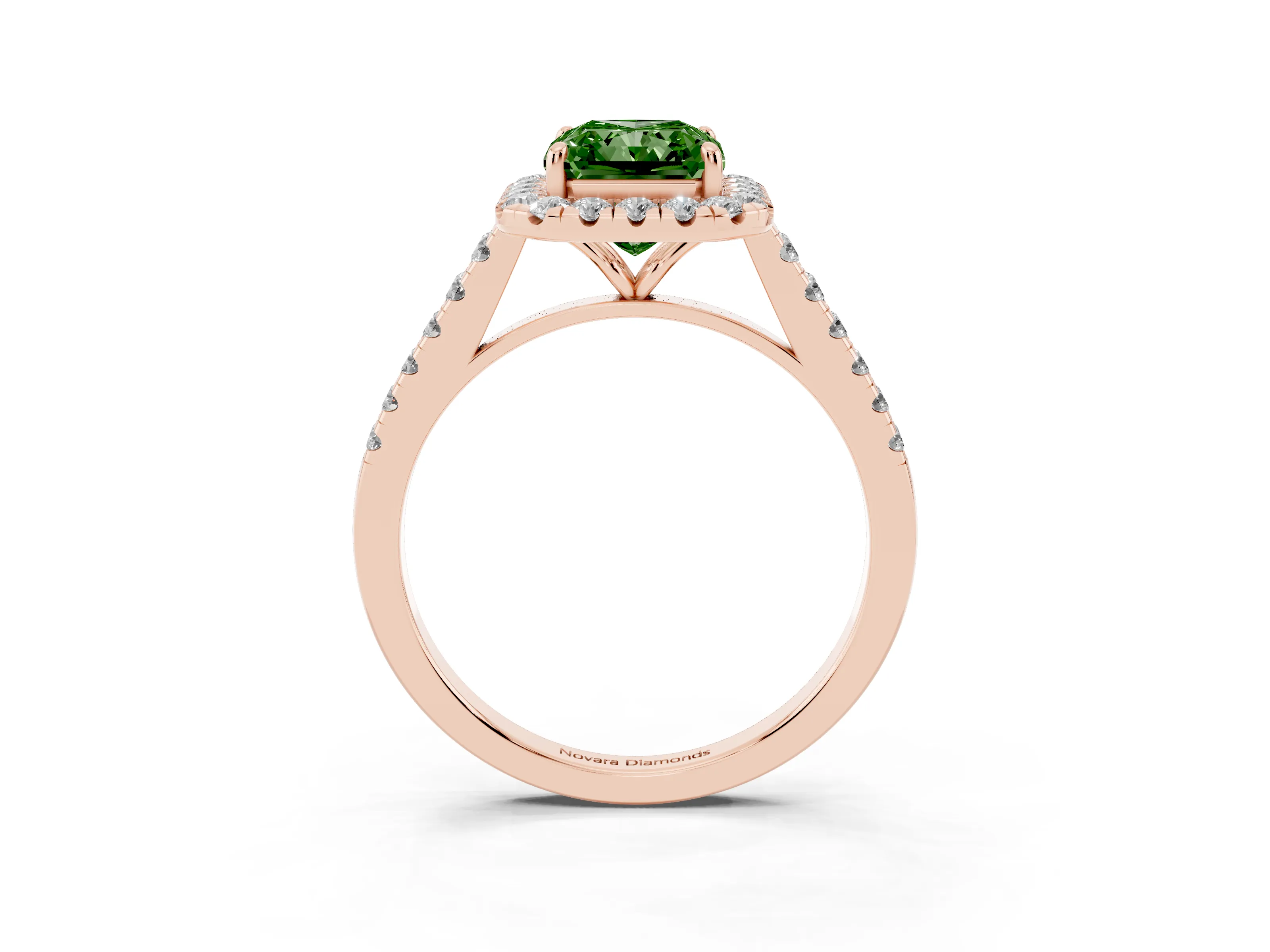Fancy Green Radiant Cut Diamond Halo Pavé Engagement Ring Set in Rose gold with Prong Setting