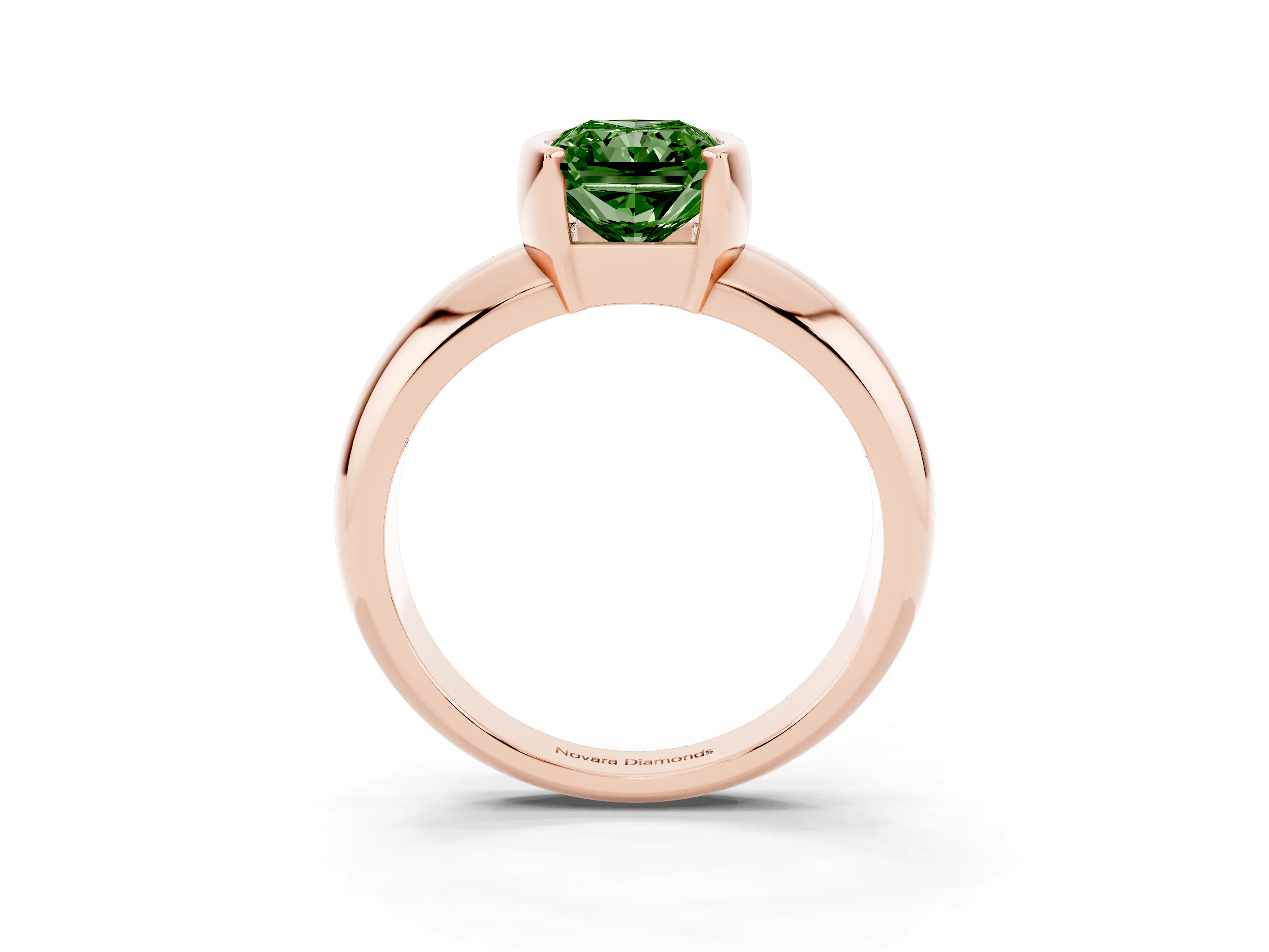 Fancy Green Radiant Cut Diamond Solitaire Tension Set Ring Set in Rose gold with Wide Band