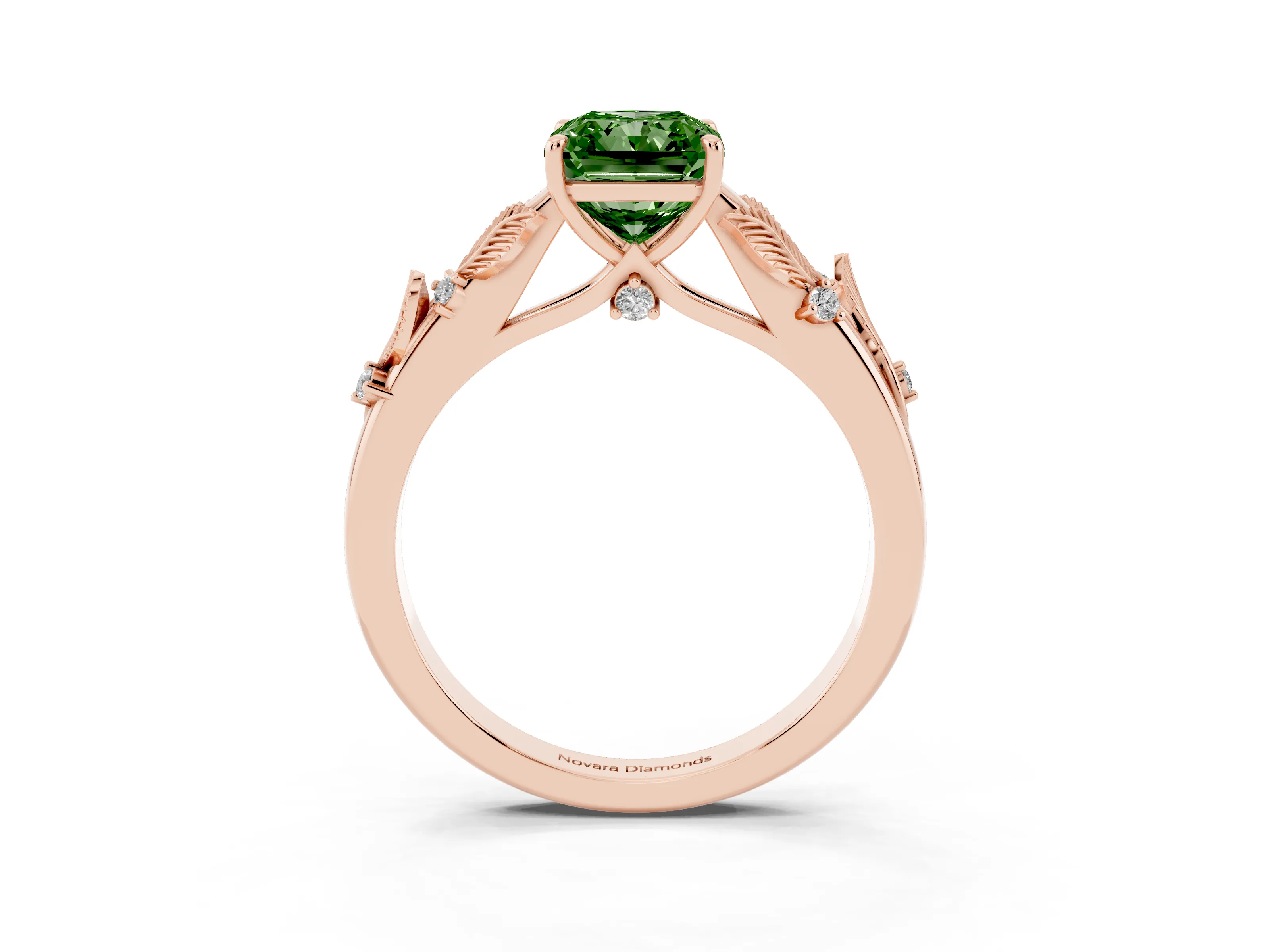 Fancy Green Radiant Cut Diamond Solitaire Ring Set in Rose gold with Leaf Motif Band