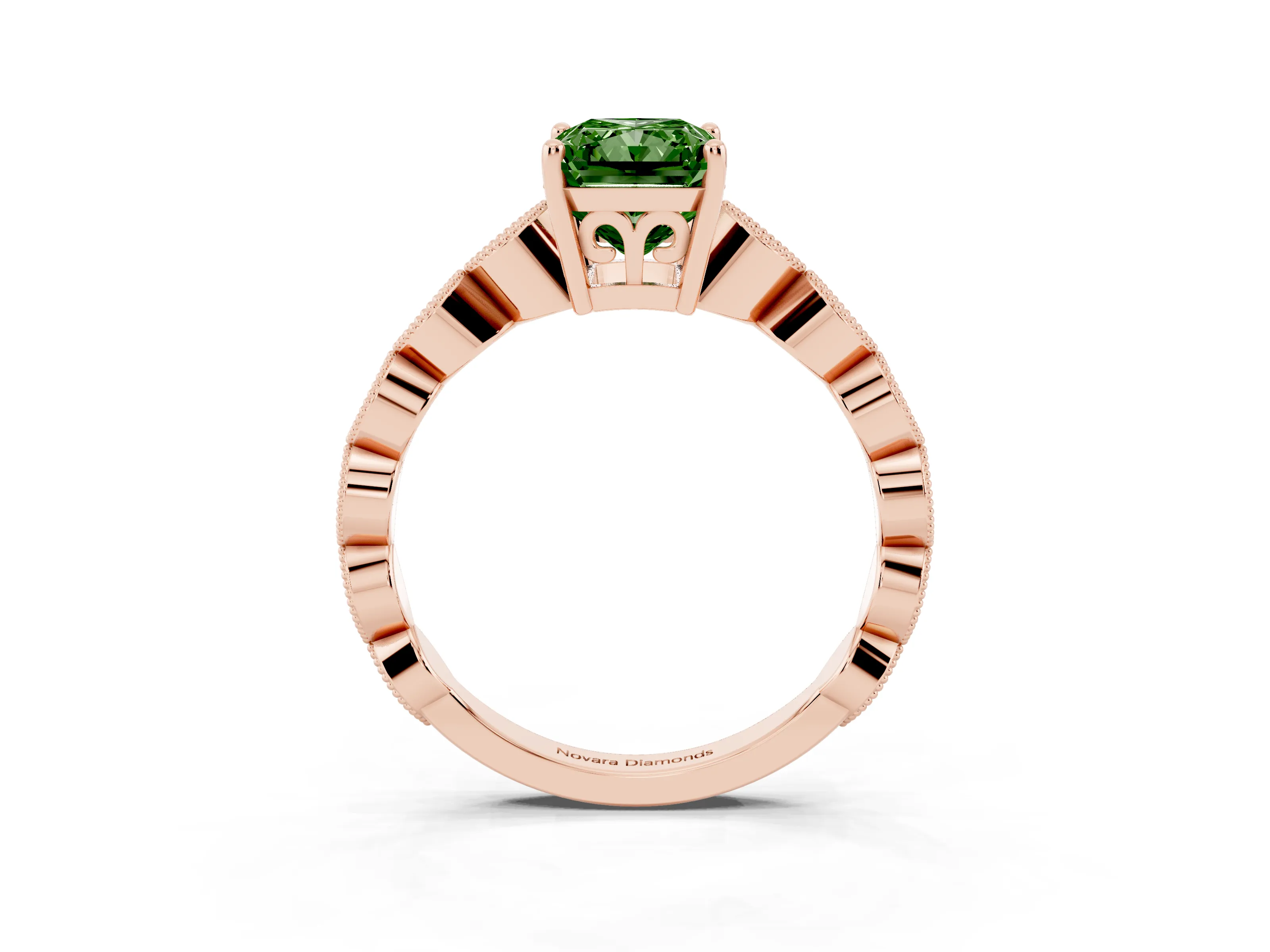 Fancy Green Radiant Cut Diamond Solitaire Ring Set in Rose gold with Infinity Twist Pavé Band