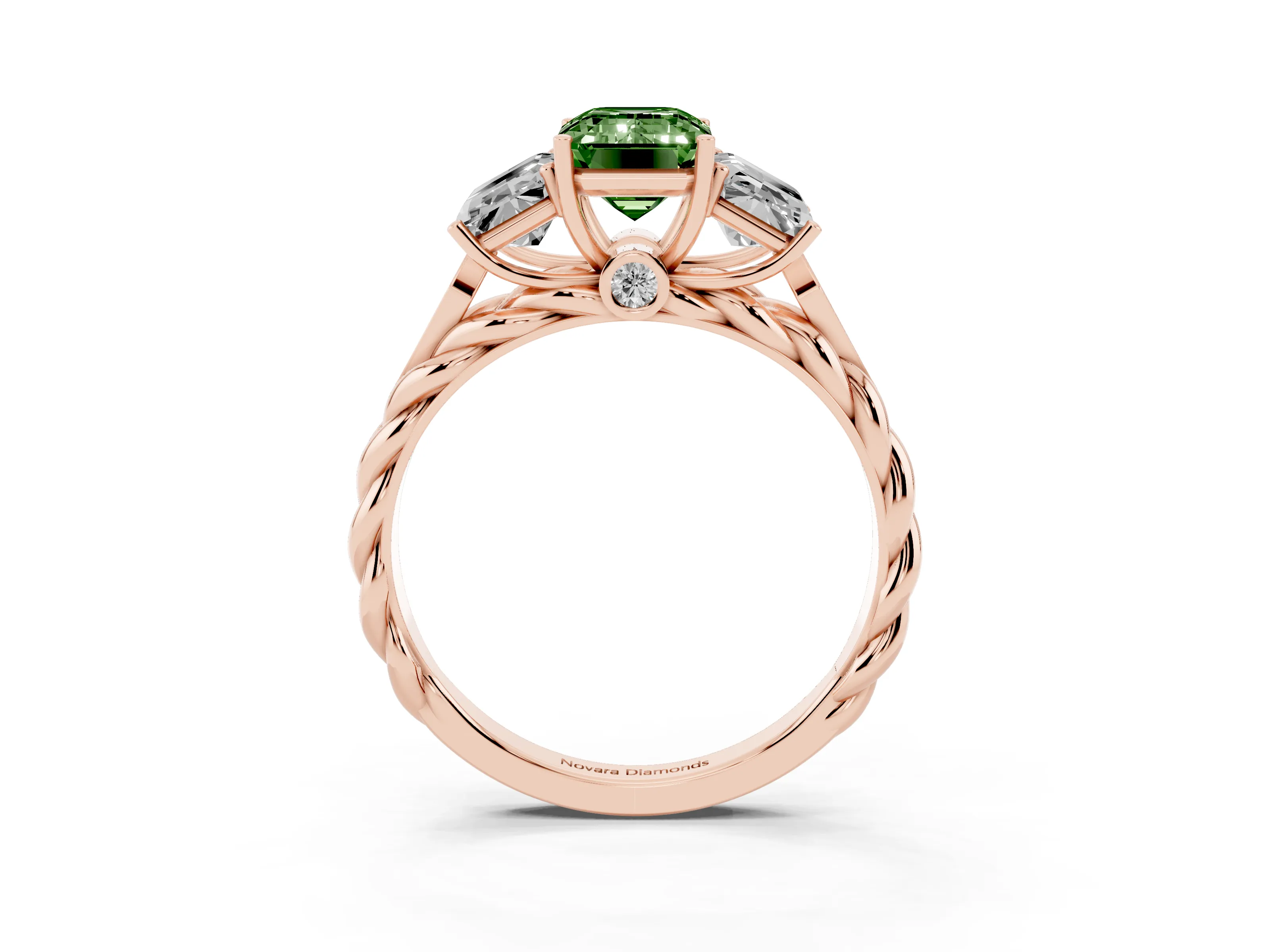 Fancy Green Radiant Cut Diamond Three-Stone Ring Set in Rose gold with Braided Band