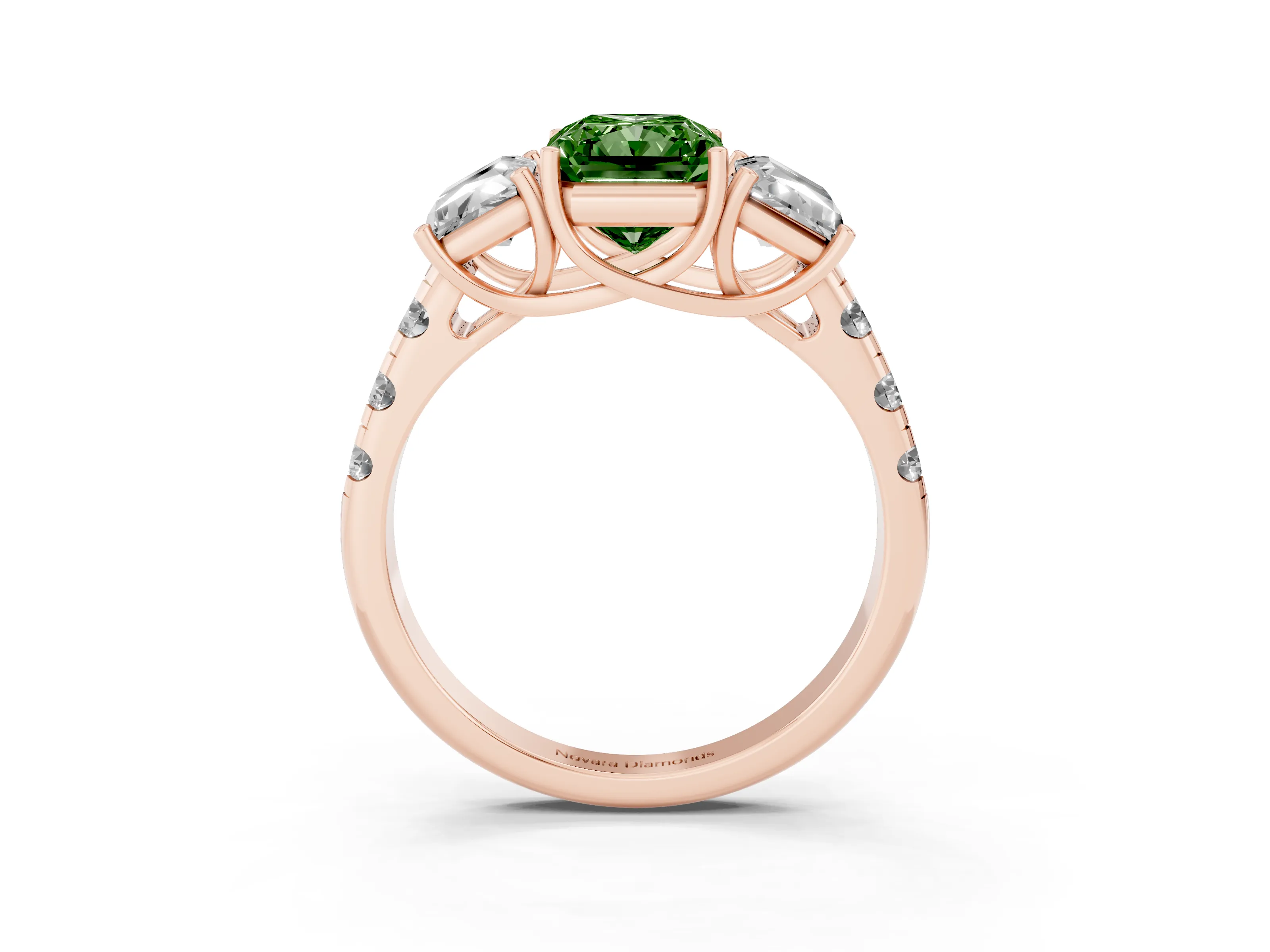Fancy Green Radiant Cut Diamond Three-Stone Ring Set in Rose gold with Pavé Band