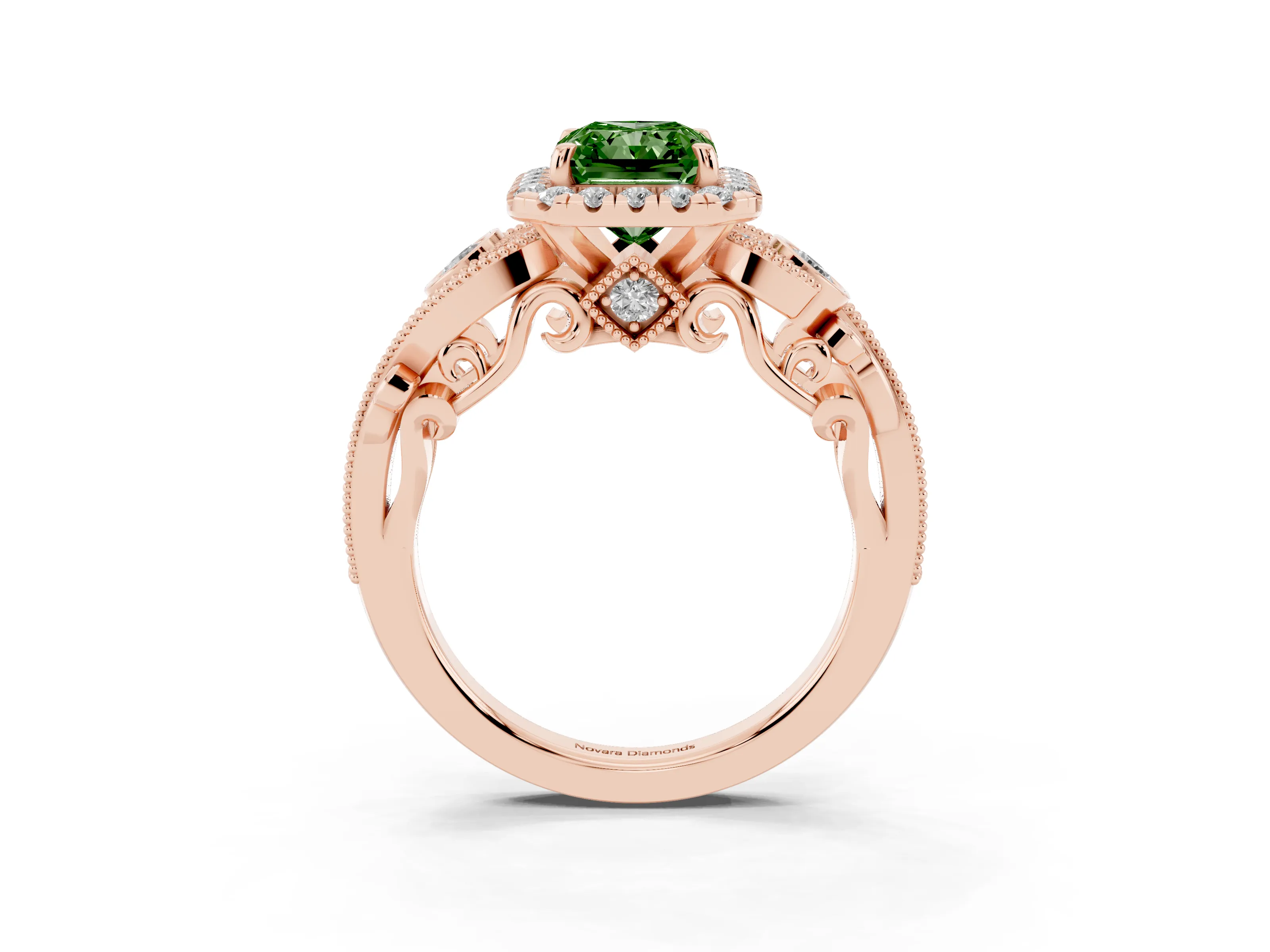 Fancy Green Radiant Cut Diamond Halo Ring Set in Rose gold with Milgrain Pavé Band and Prong Setting