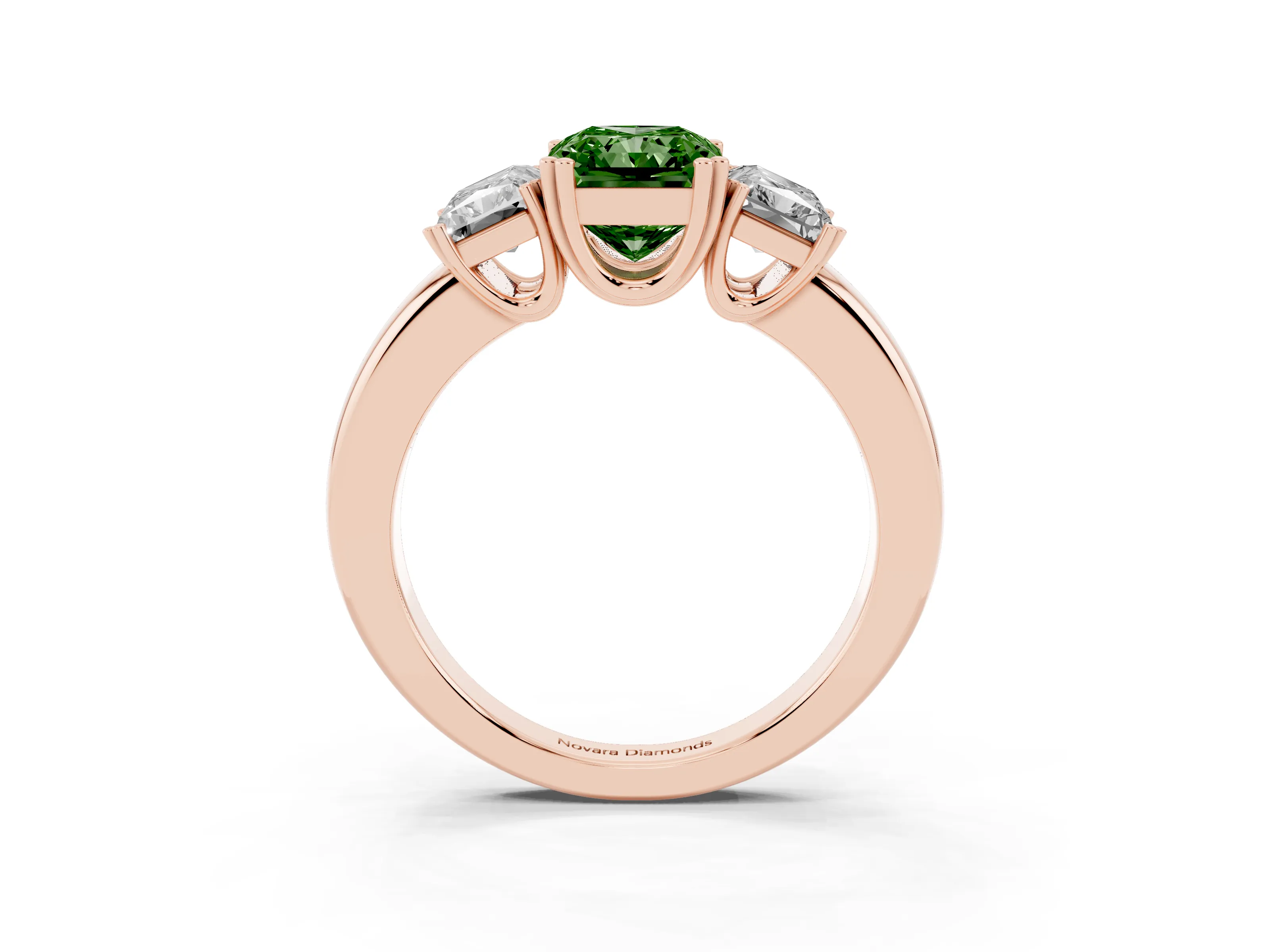 Fancy Green Radiant Cut Diamond Three-Stone Ring Set in Rose gold with Polished Channel-Set Band