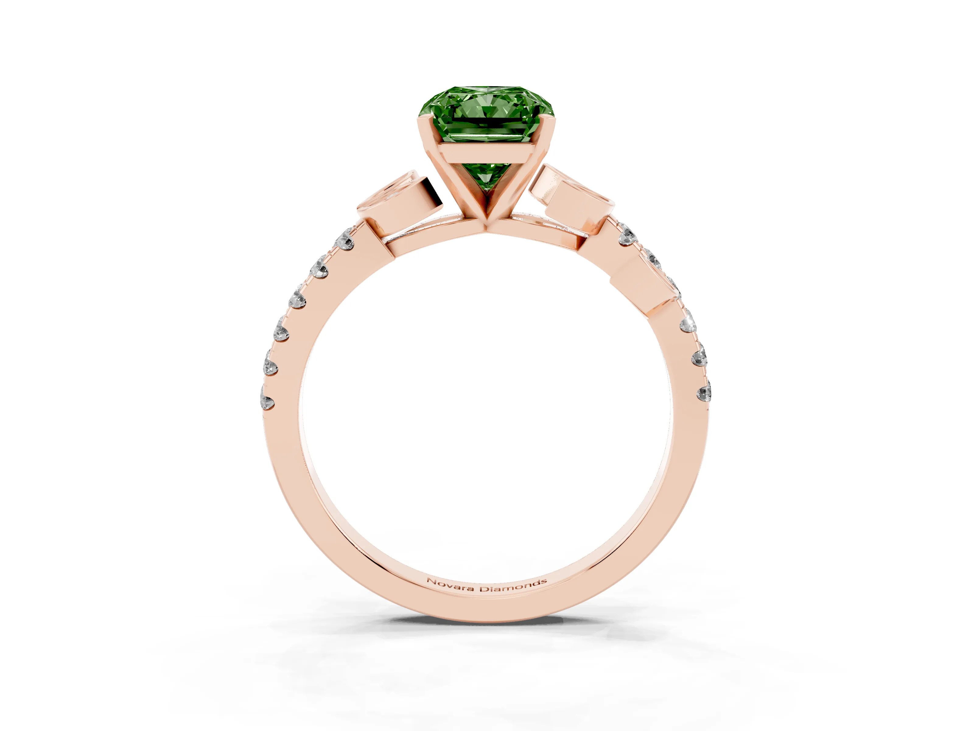 Fancy Green Radiant Cut Diamond Solitaire Leaf-Inspired Ring Set in Rose gold with Pavé Band and Prong Setting