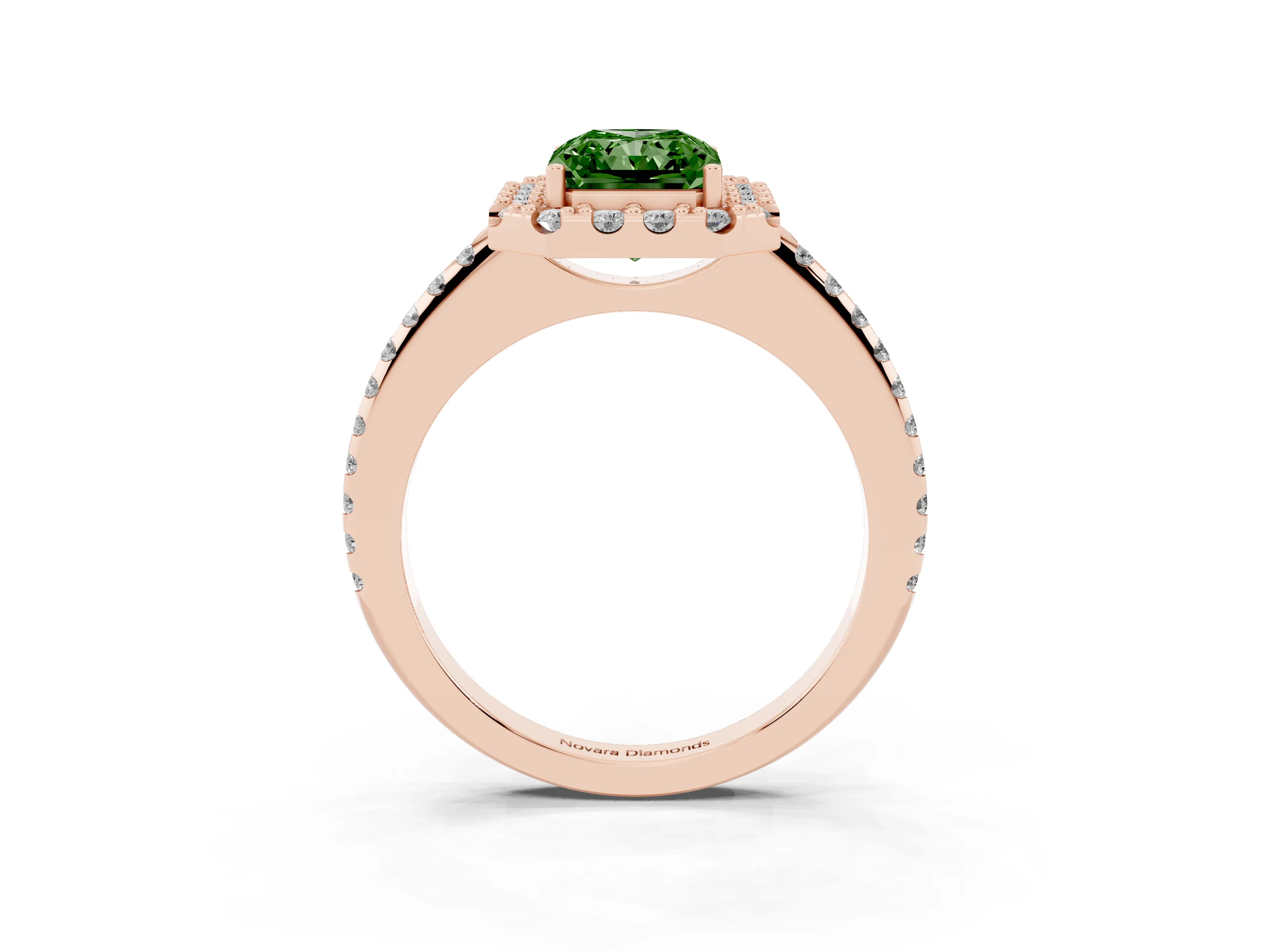 Fancy Green Radiant Cut Diamond Pavé Halo Ring Set in Rose gold with Prong Setting