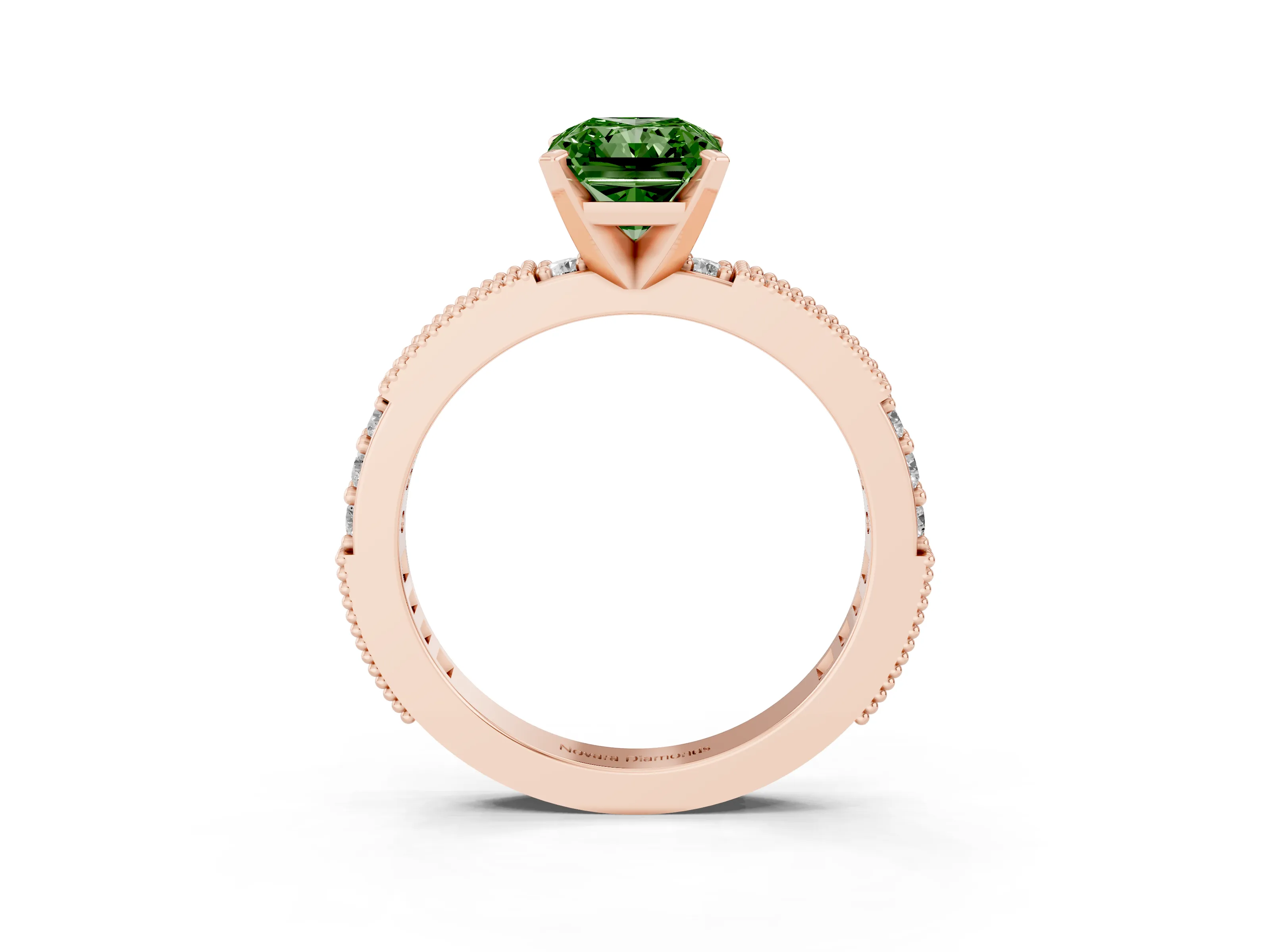 Fancy Green Radiant Cut Diamond Solitaire Ring Set in Rose gold with Slim Pavé Band and Prong Setting